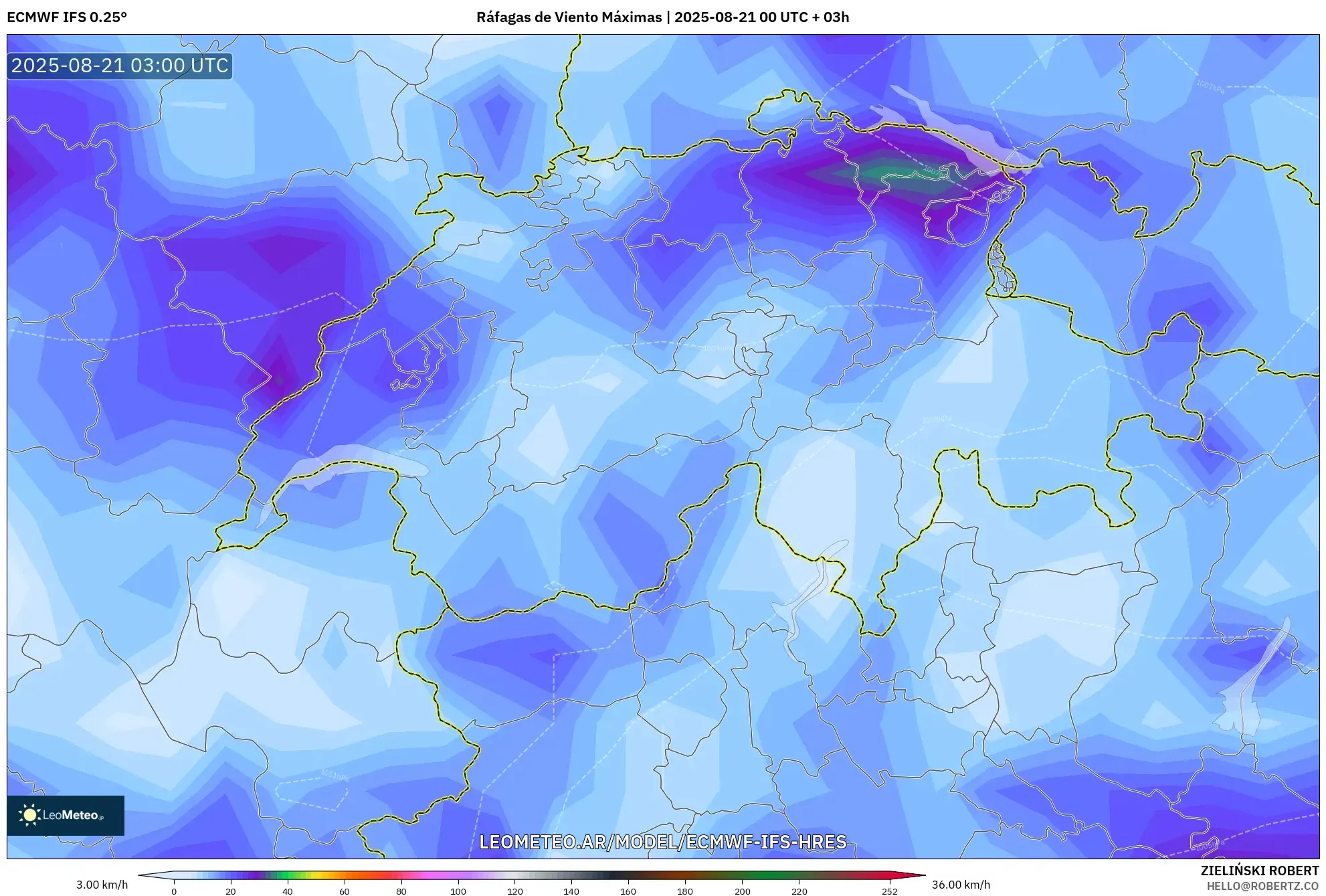 ECMWF IFS 0.25° model - Suiza, Ráfagas de Viento Máximas