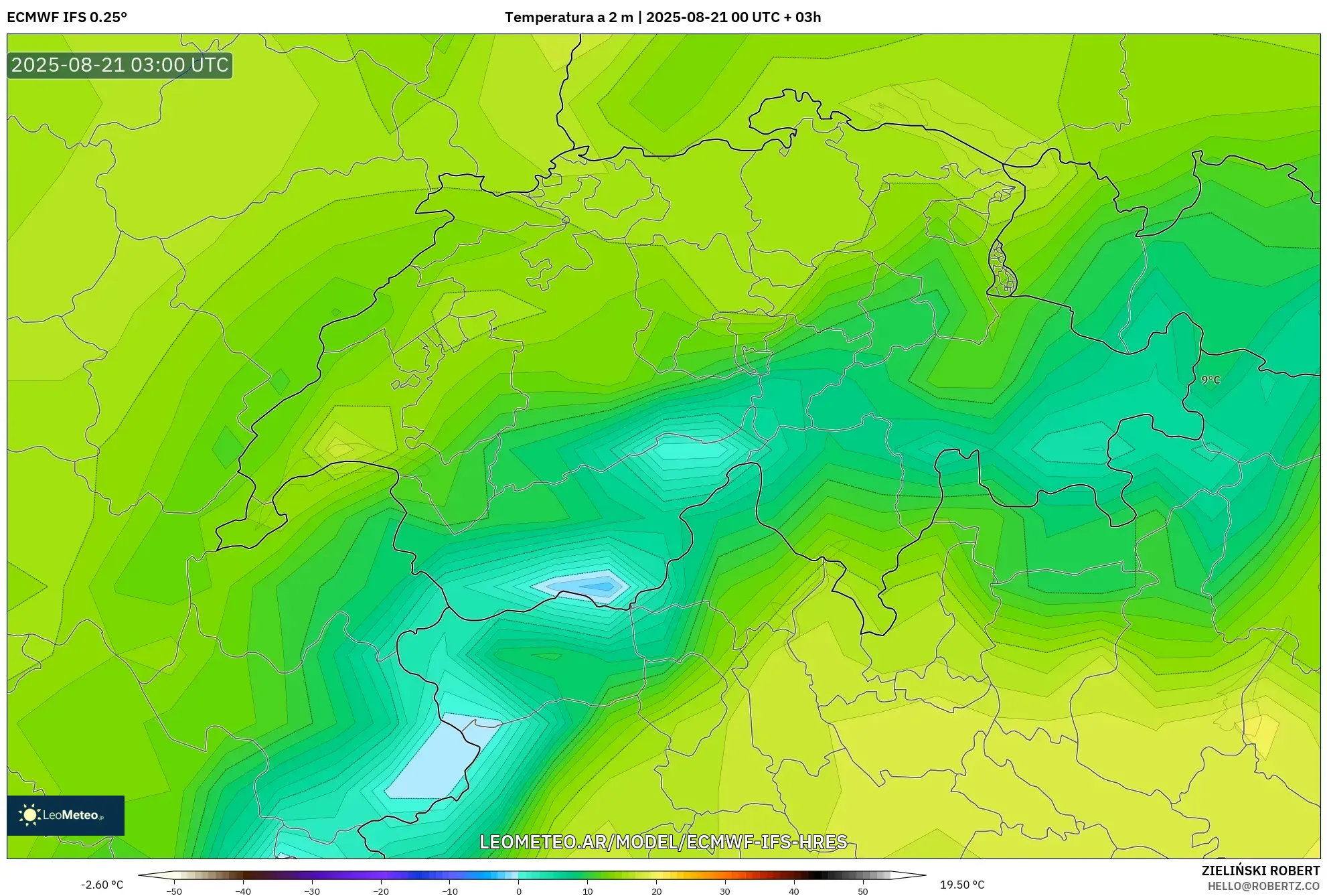 ECMWF IFS 0.25° model - Suiza, Temperatura a 2 m ECMWF IFS 0.25° model - Suiza, Temperatura a 2 m
