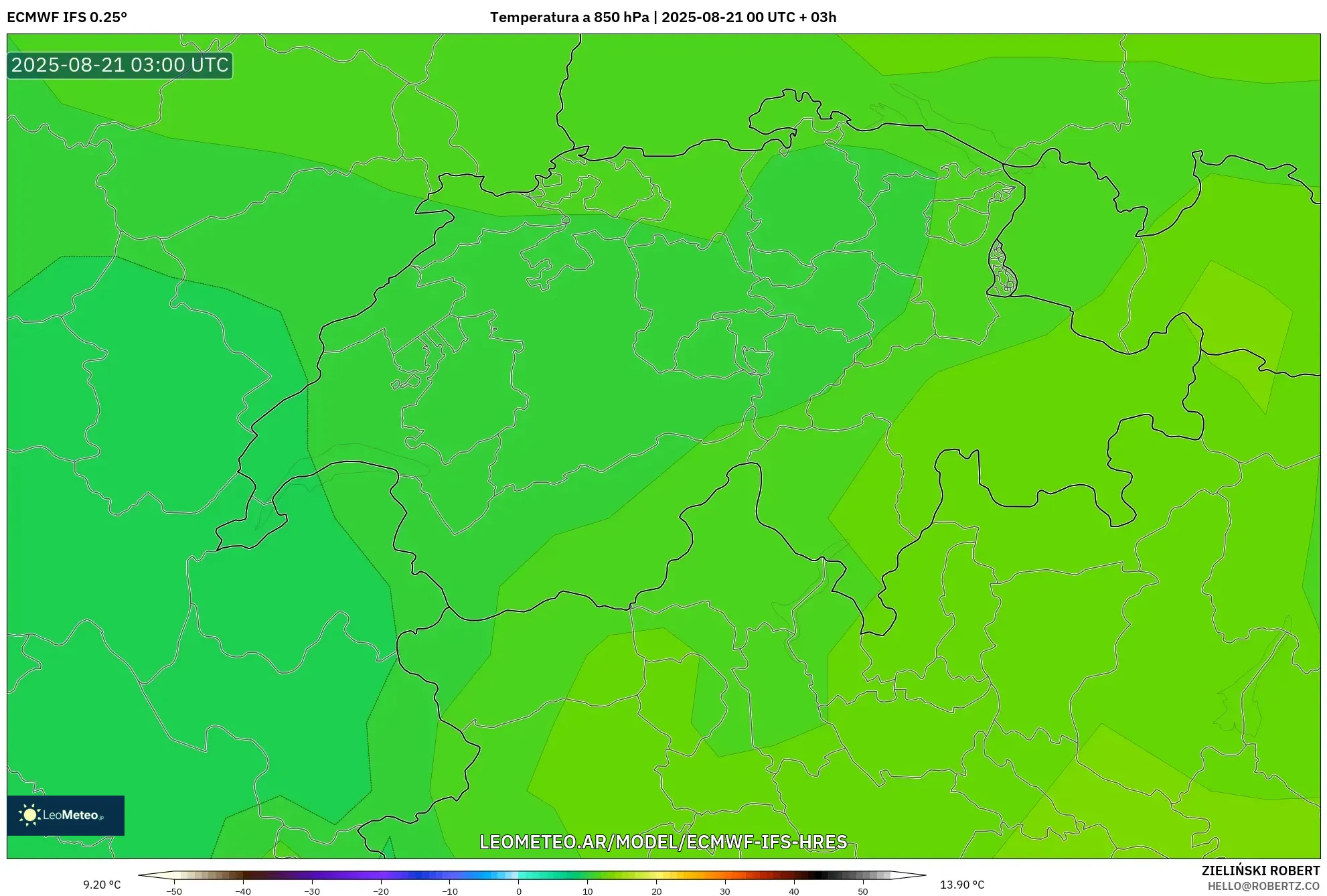 ECMWF IFS 0.25° model - Suiza, Temperatura a 850 hPa