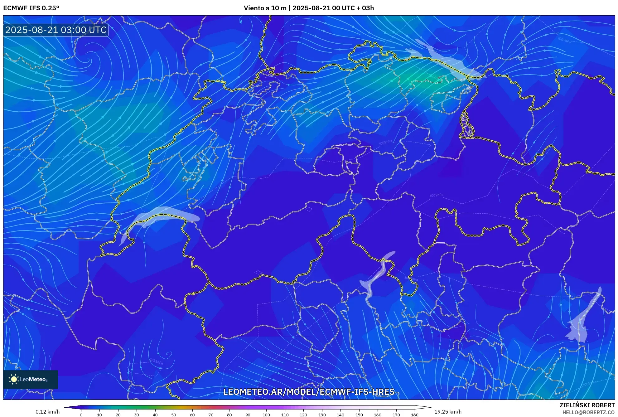 ECMWF IFS 0.25° model - Suiza, Viento a 10 m
