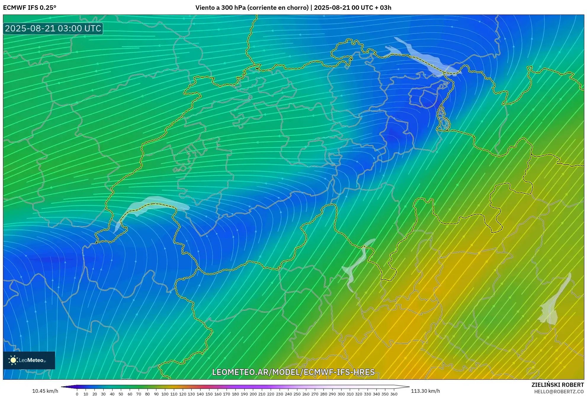 ECMWF IFS 0.25° model - Suiza, Viento a 300 hPa (corriente en chorro)