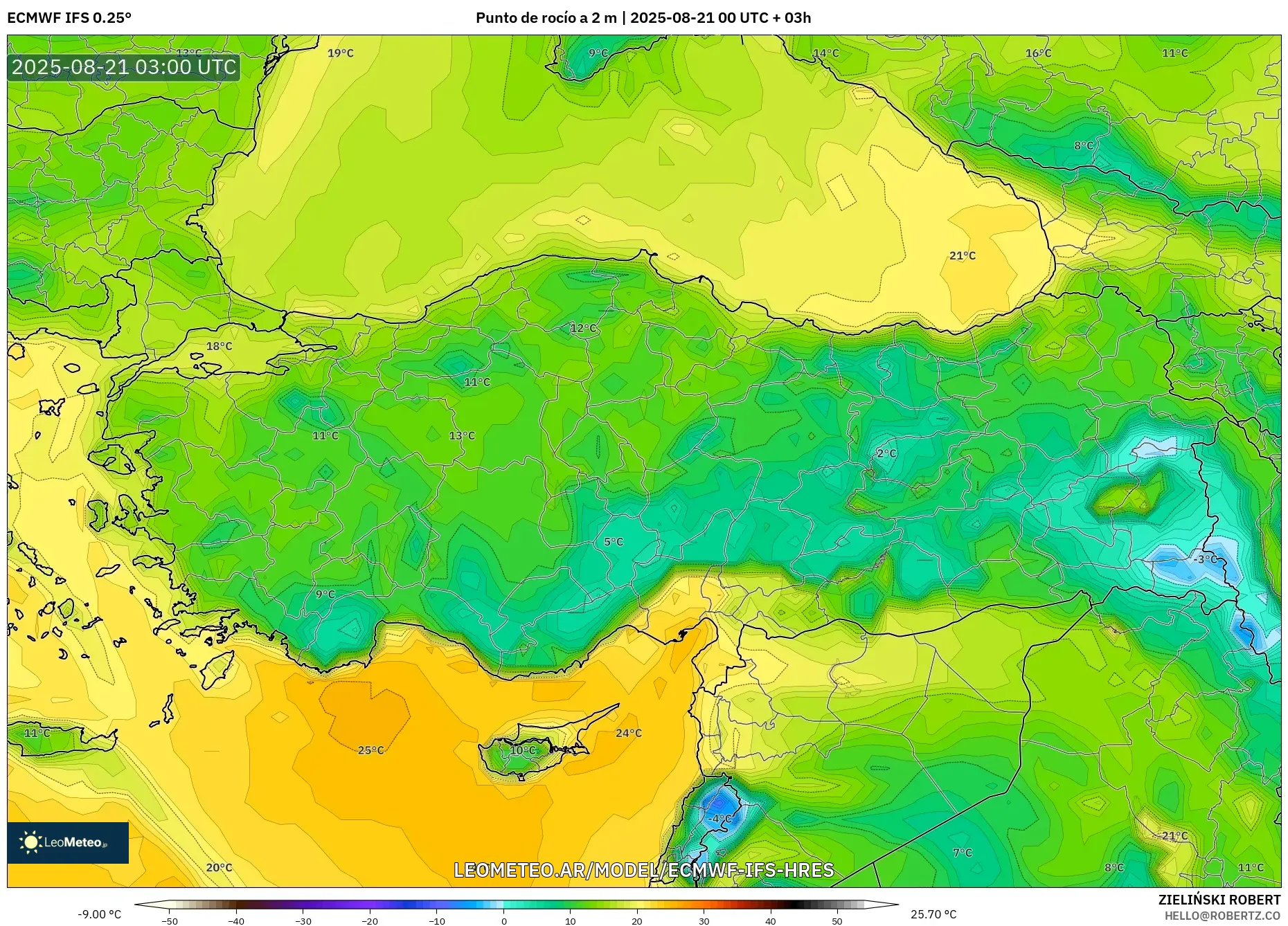 ECMWF IFS 0.25° model - Turquía, Punto de rocío a 2 m
