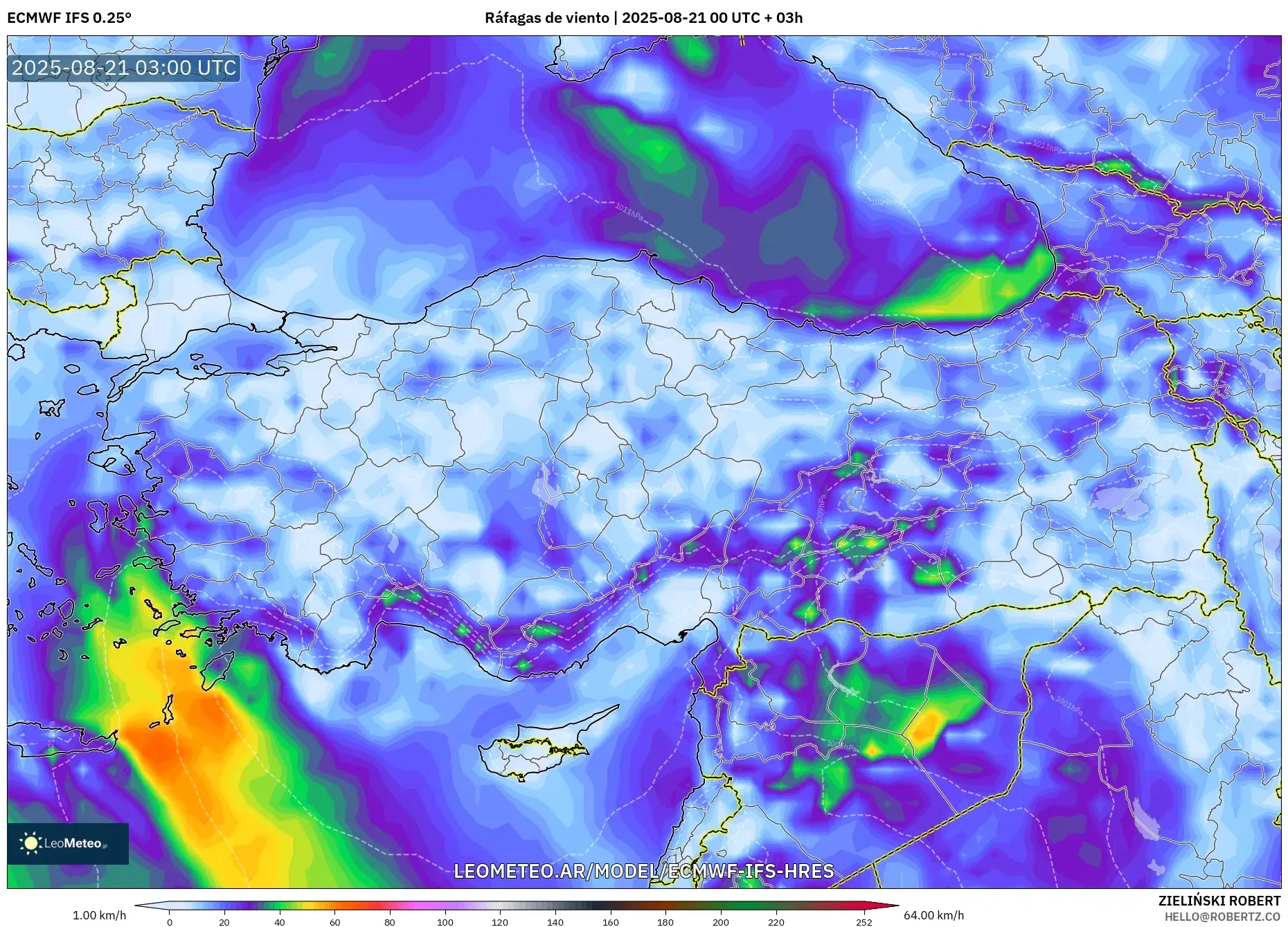ECMWF IFS 0.25° model - Turquía, Ráfagas de viento