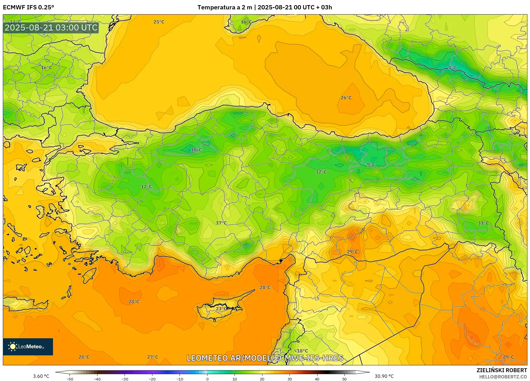 ECMWF IFS 0.25° model - Turquía, Temperatura a 2 m