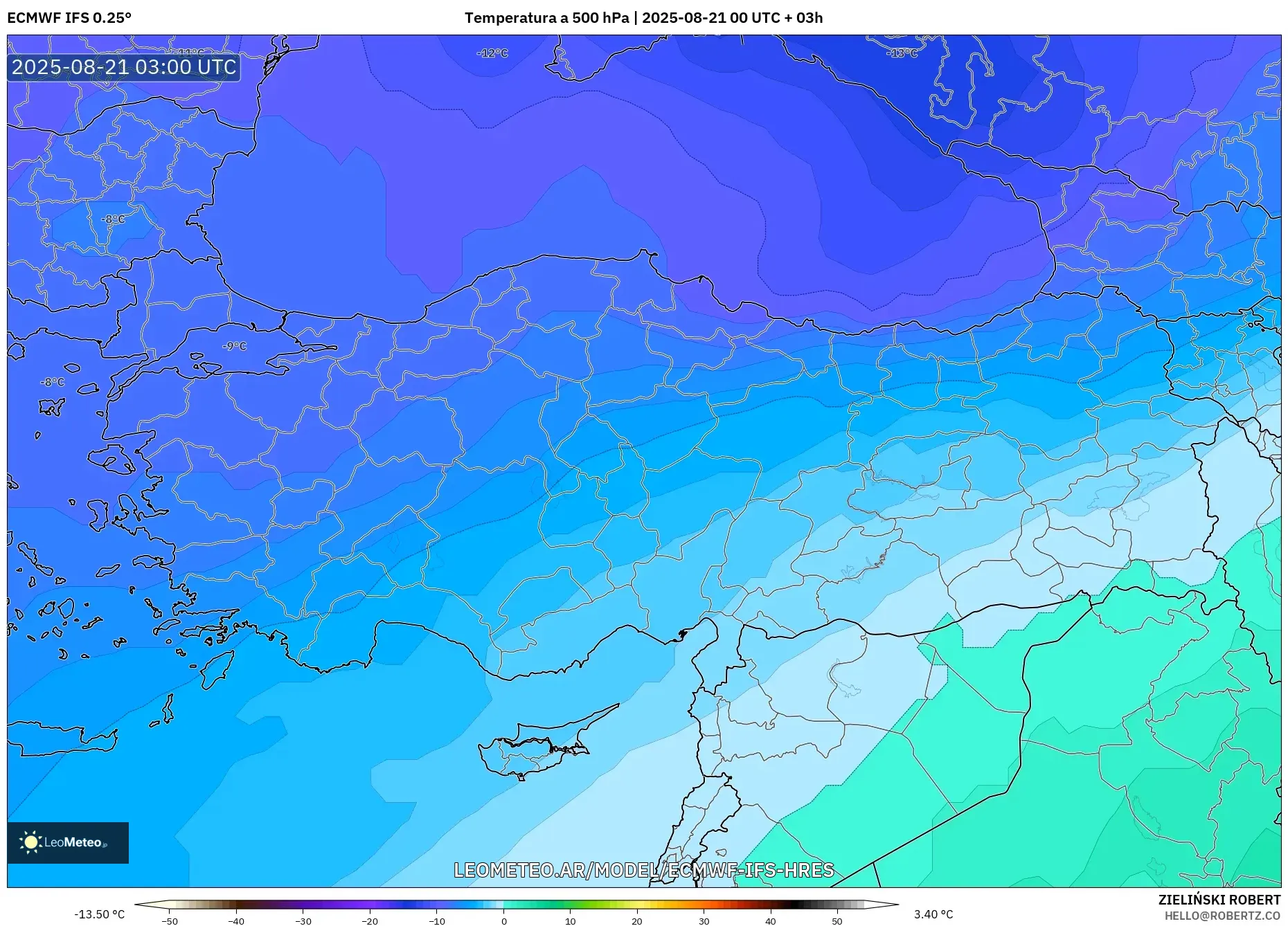 ECMWF IFS 0.25° model - Turquía, Temperatura a 500 hPa