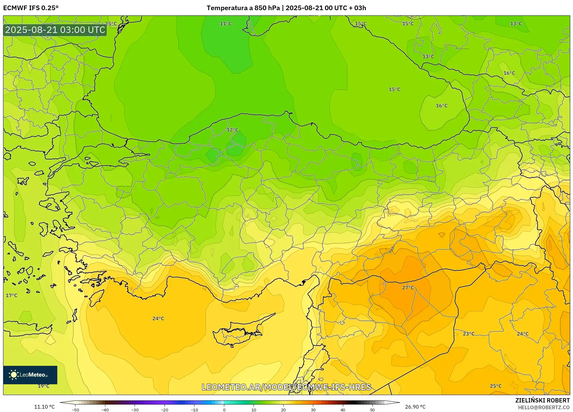 ECMWF IFS 0.25° model - Turquía, Temperatura a 850 hPa