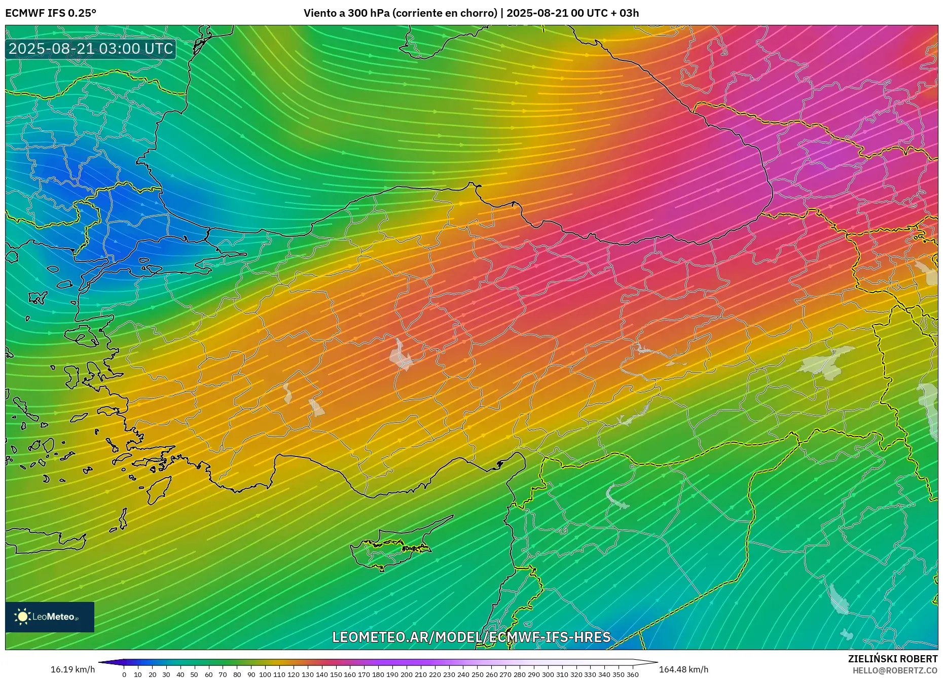 ECMWF IFS 0.25° model - Turquía, Viento a 300 hPa (corriente en chorro)