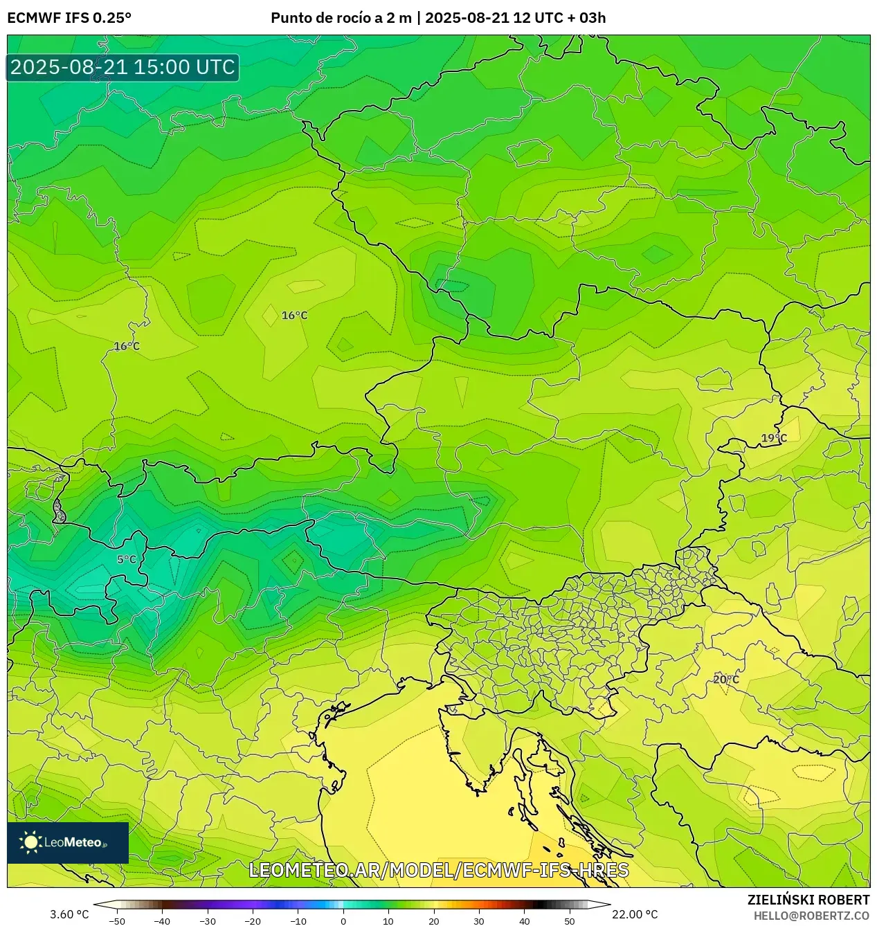 ECMWF IFS 0.25° model - Austria, Punto de rocío a 2 m