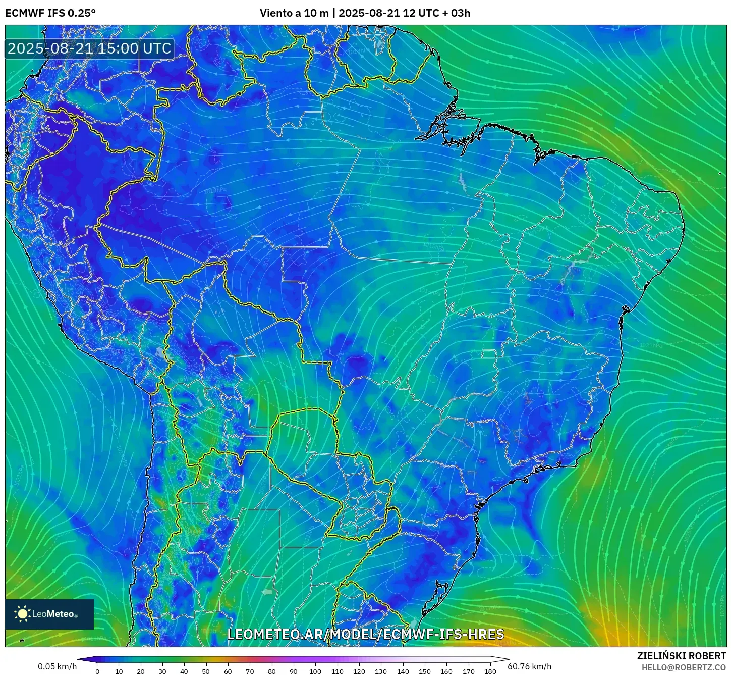 ECMWF IFS 0.25° model - Brasil, Viento a 10 m ECMWF IFS 0.25° model - Brasil, Viento a 10 m