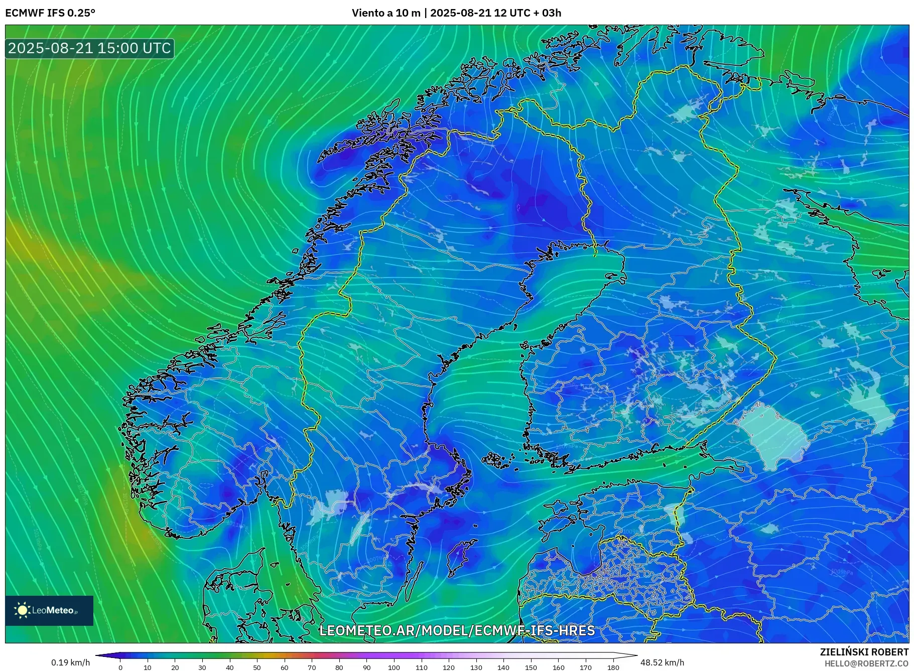 ECMWF IFS 0.25° model - Escandinavia, Viento a 10 m