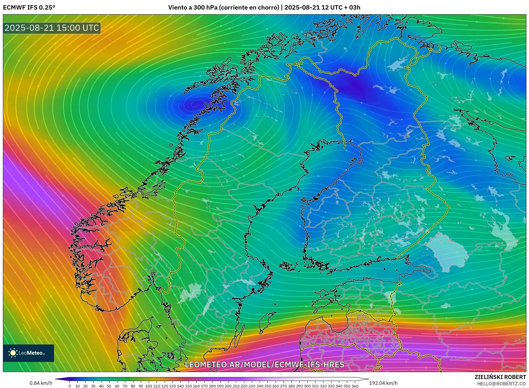 ECMWF IFS 0.25° model - Escandinavia, Viento a 300 hPa (corriente en chorro) ECMWF IFS 0.25° model - Escandinavia, Viento a 300 hPa (corriente en chorro)
