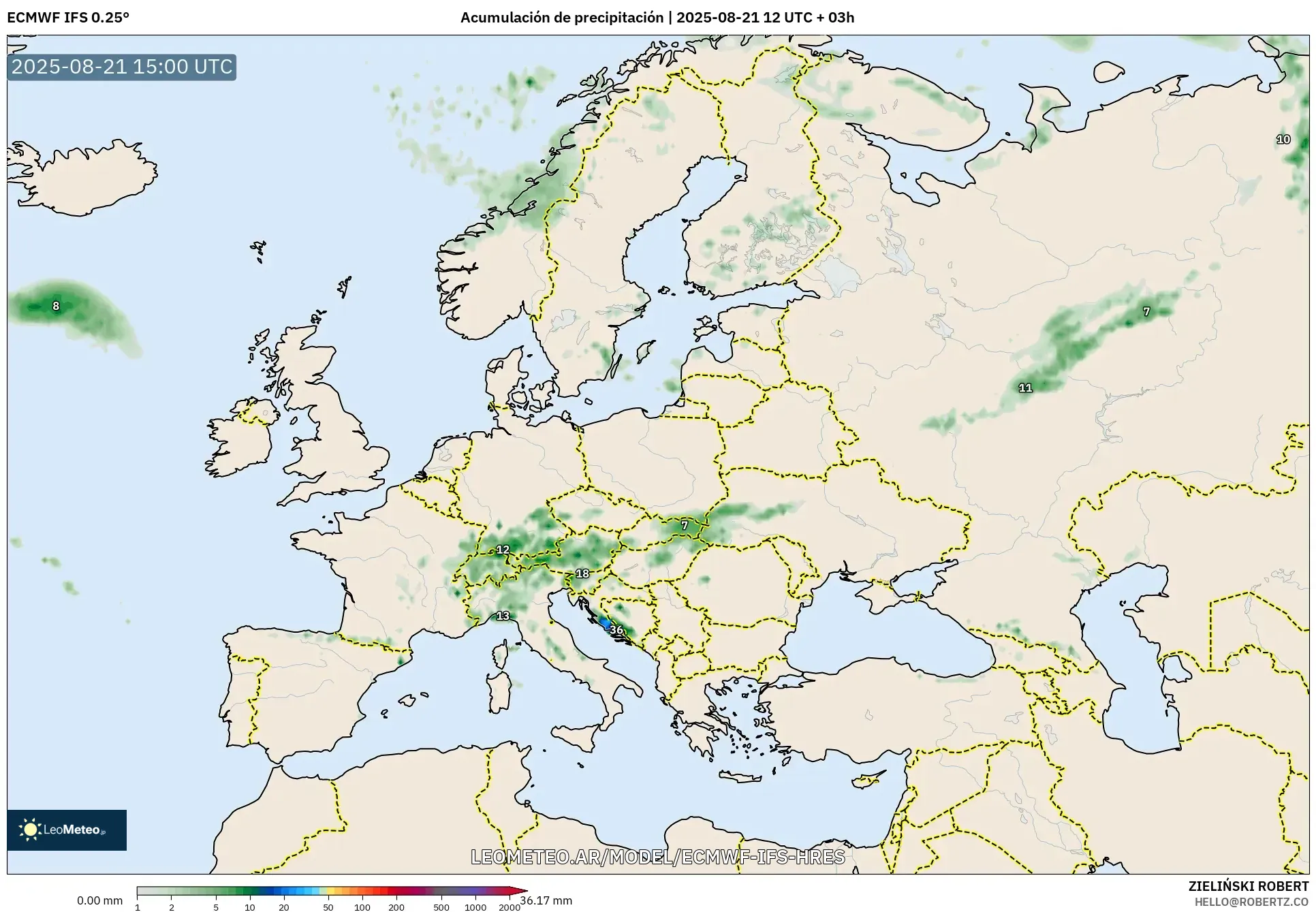 ECMWF IFS 0.25° model - Europa, Acumulación de precipitación