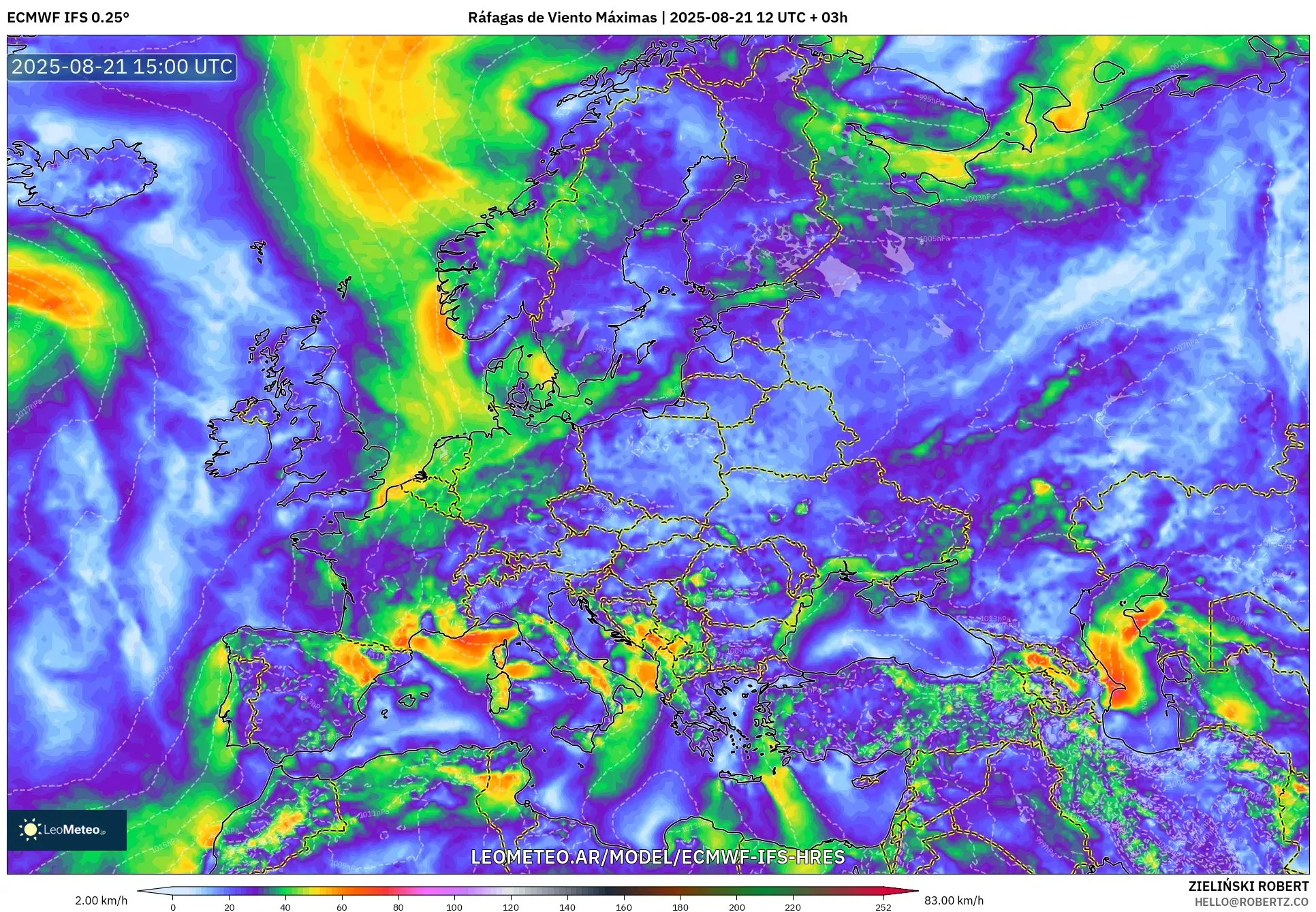 ECMWF IFS 0.25° model - Europa, Ráfagas de Viento Máximas