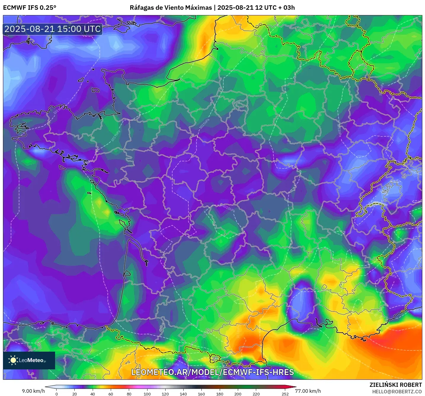 ECMWF IFS 0.25° model - Francia, Ráfagas de Viento Máximas ECMWF IFS 0.25° model - Francia, Ráfagas de Viento Máximas