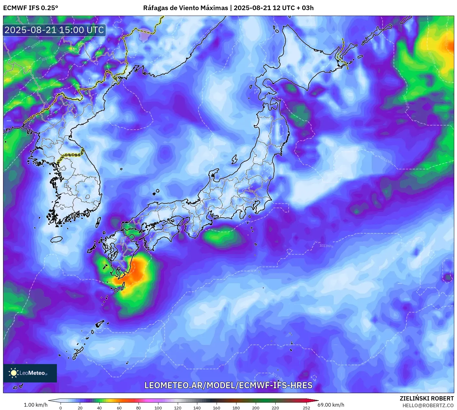 ECMWF IFS 0.25° model - Japón, Ráfagas de Viento Máximas ECMWF IFS 0.25° model - Japón, Ráfagas de Viento Máximas