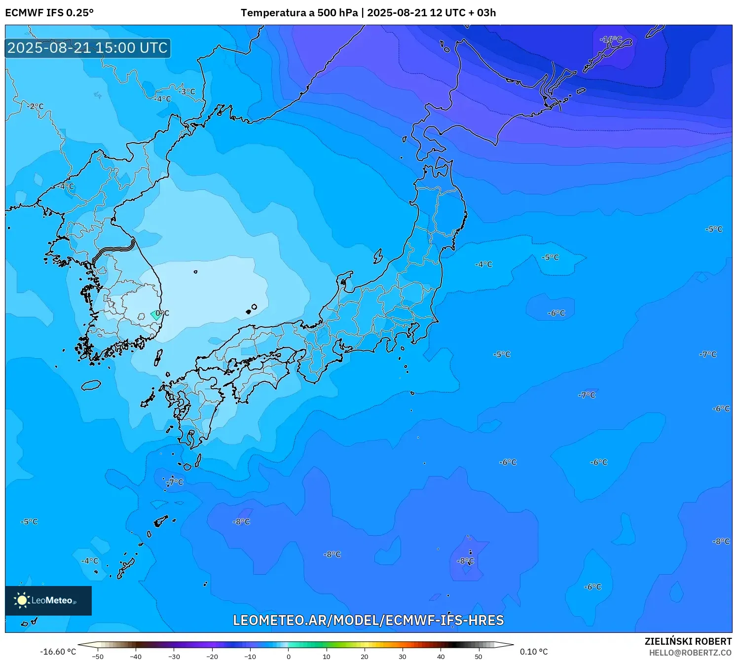 ECMWF IFS 0.25° model - Japón, Temperatura a 500 hPa ECMWF IFS 0.25° model - Japón, Temperatura a 500 hPa