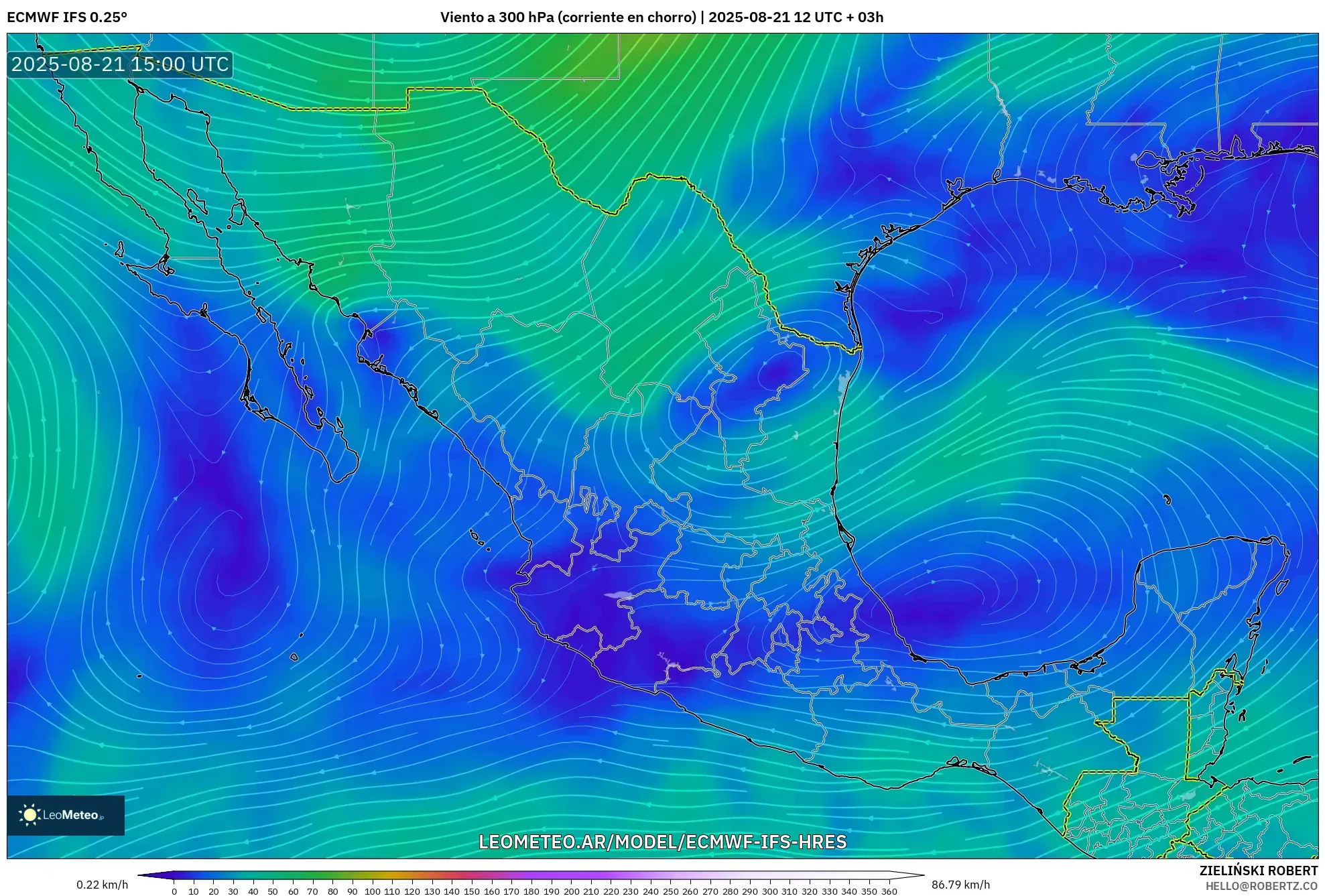 ECMWF IFS 0.25° model - México, Viento a 300 hPa (corriente en chorro) ECMWF IFS 0.25° model - México, Viento a 300 hPa (corriente en chorro)