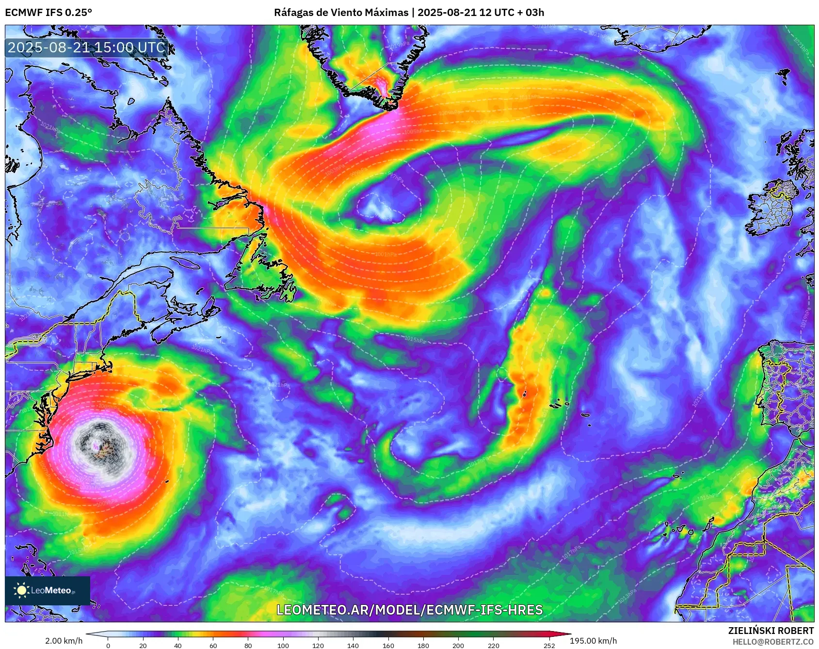 ECMWF IFS 0.25° model - Norte Atlántico, Ráfagas de Viento Máximas ECMWF IFS 0.25° model - Norte Atlántico, Ráfagas de Viento Máximas