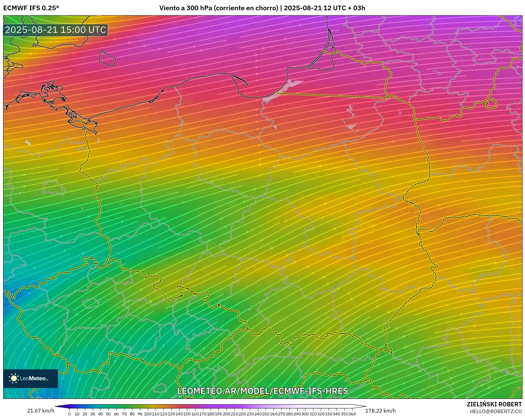 ECMWF IFS 0.25° model - Polonia, Viento a 300 hPa (corriente en chorro) ECMWF IFS 0.25° model - Polonia, Viento a 300 hPa (corriente en chorro)