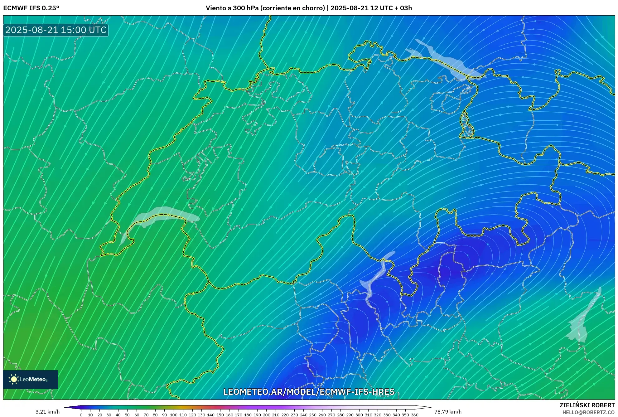 ECMWF IFS 0.25° model - Suiza, Viento a 300 hPa (corriente en chorro)