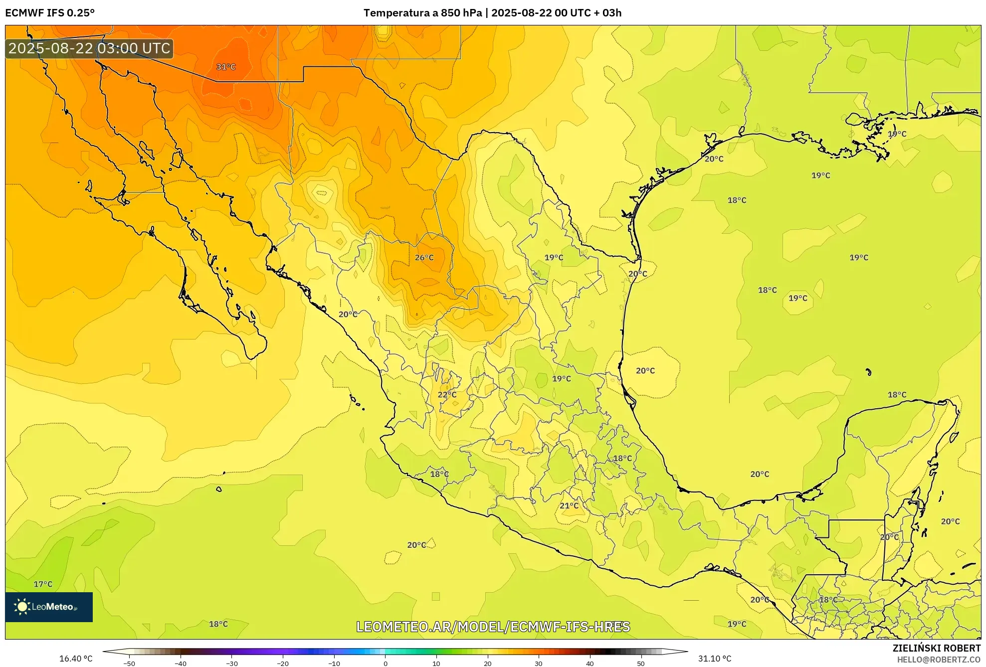 ECMWF IFS 0.25° model - México, Temperatura a 850 hPa