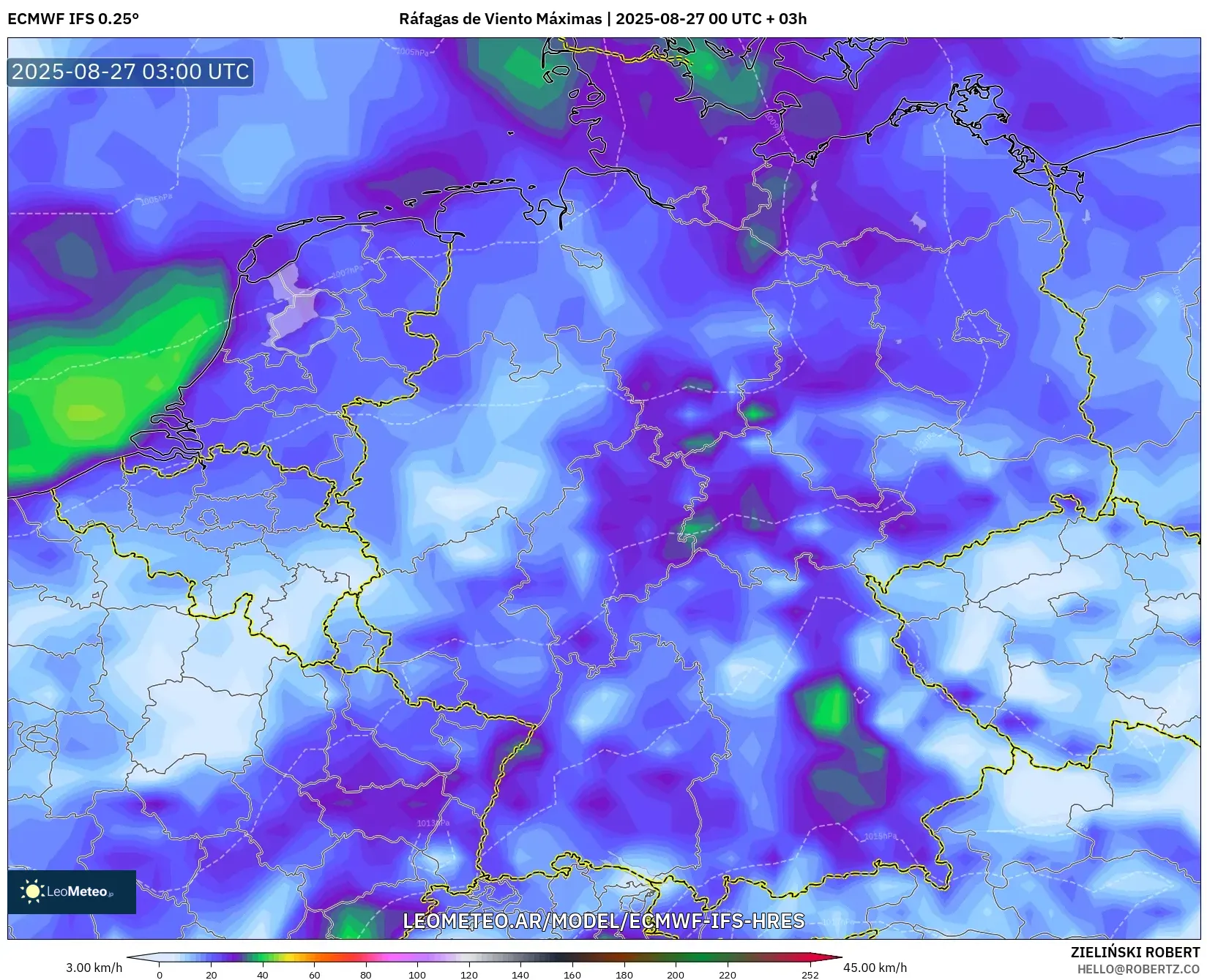 ECMWF IFS 0.25° model - Alemania, Ráfagas de Viento Máximas