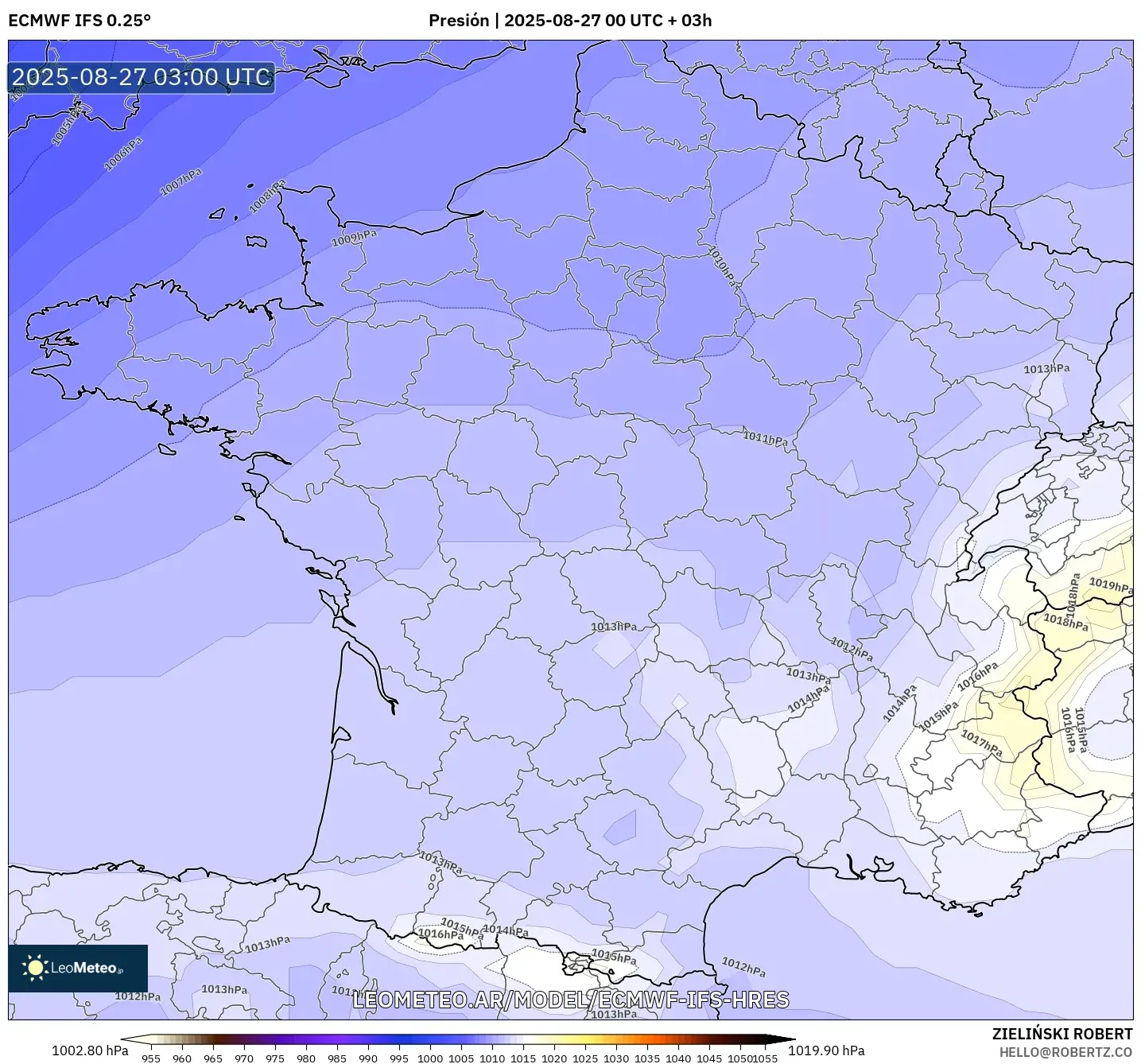 ECMWF IFS 0.25° model - Francia, Presión ECMWF IFS 0.25° model - Francia, Presión