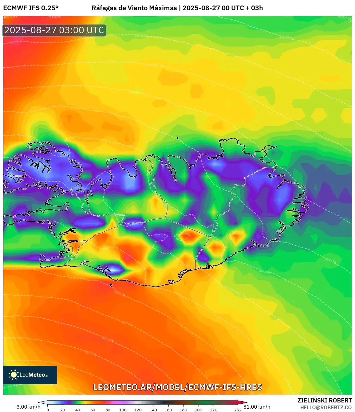 ECMWF IFS 0.25° model - Islandia, Ráfagas de Viento Máximas ECMWF IFS 0.25° model - Islandia, Ráfagas de Viento Máximas