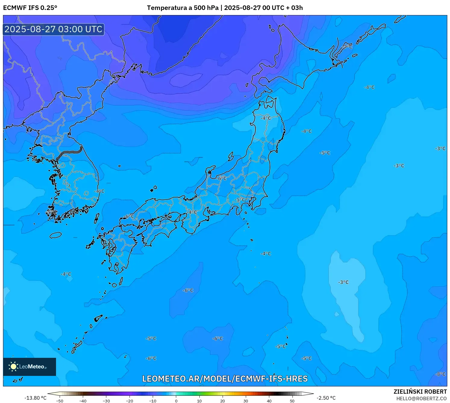 ECMWF IFS 0.25° model - Japón, Temperatura a 500 hPa