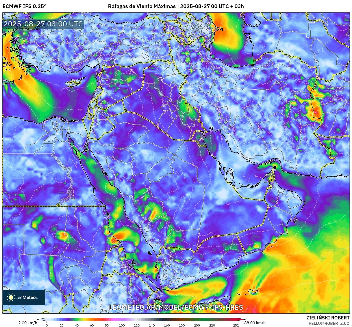 ECMWF IFS 0.25° model - Oriente Medio, Ráfagas de Viento Máximas ECMWF IFS 0.25° model - Oriente Medio, Ráfagas de Viento Máximas
