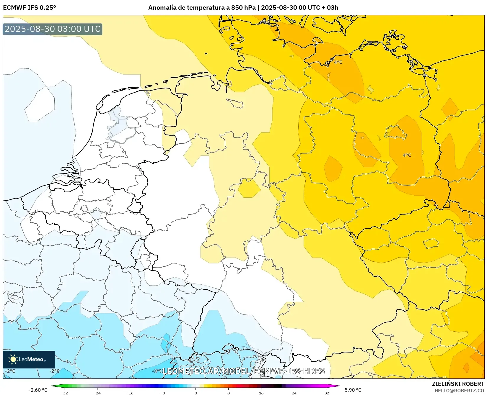 ECMWF IFS 0.25° model - Alemania, Anomalía de temperatura a 850 hPa ECMWF IFS 0.25° model - Alemania, Anomalía de temperatura a 850 hPa