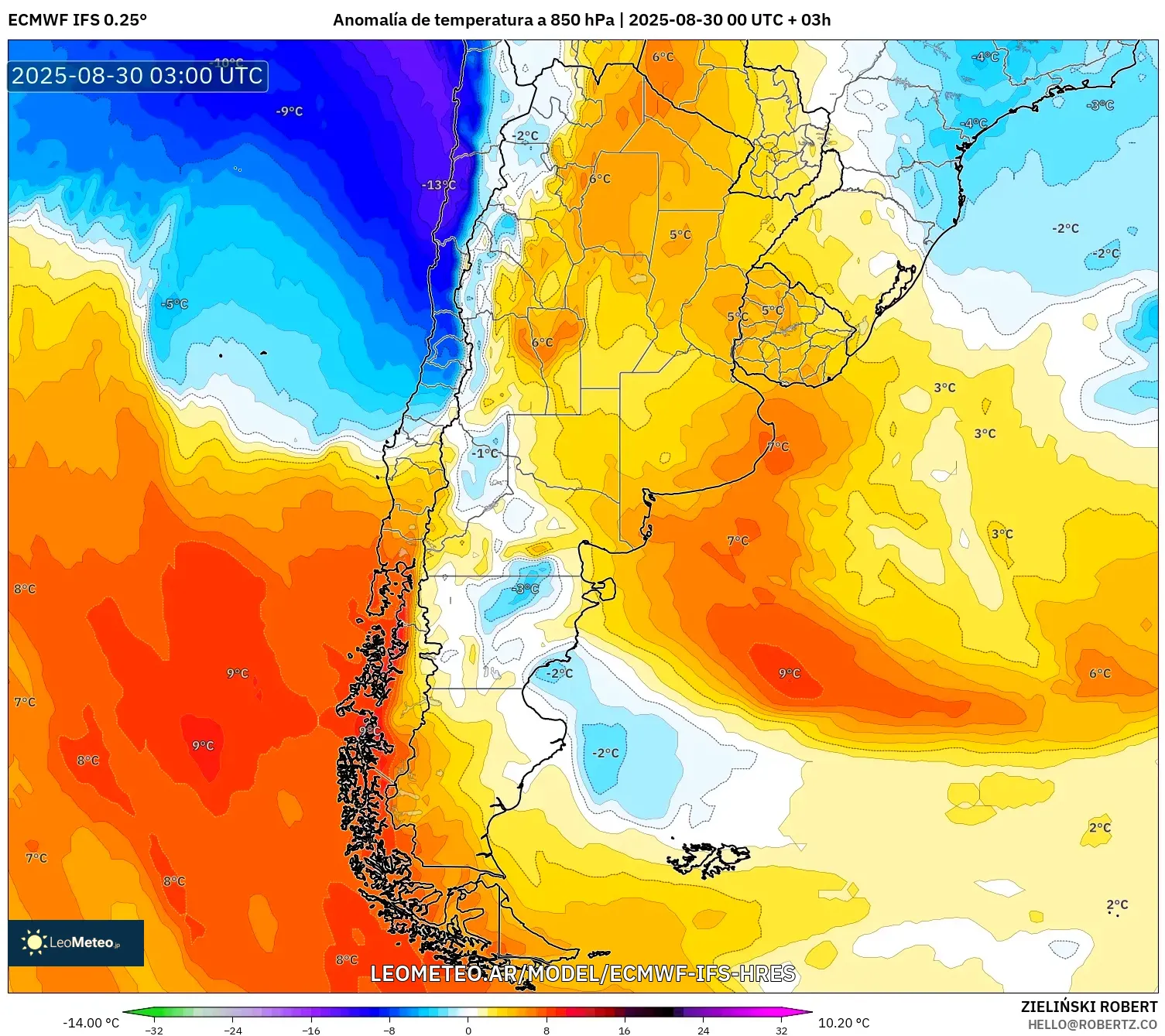ECMWF IFS 0.25° model - Argentina, Anomalía de temperatura a 850 hPa ECMWF IFS 0.25° model - Argentina, Anomalía de temperatura a 850 hPa