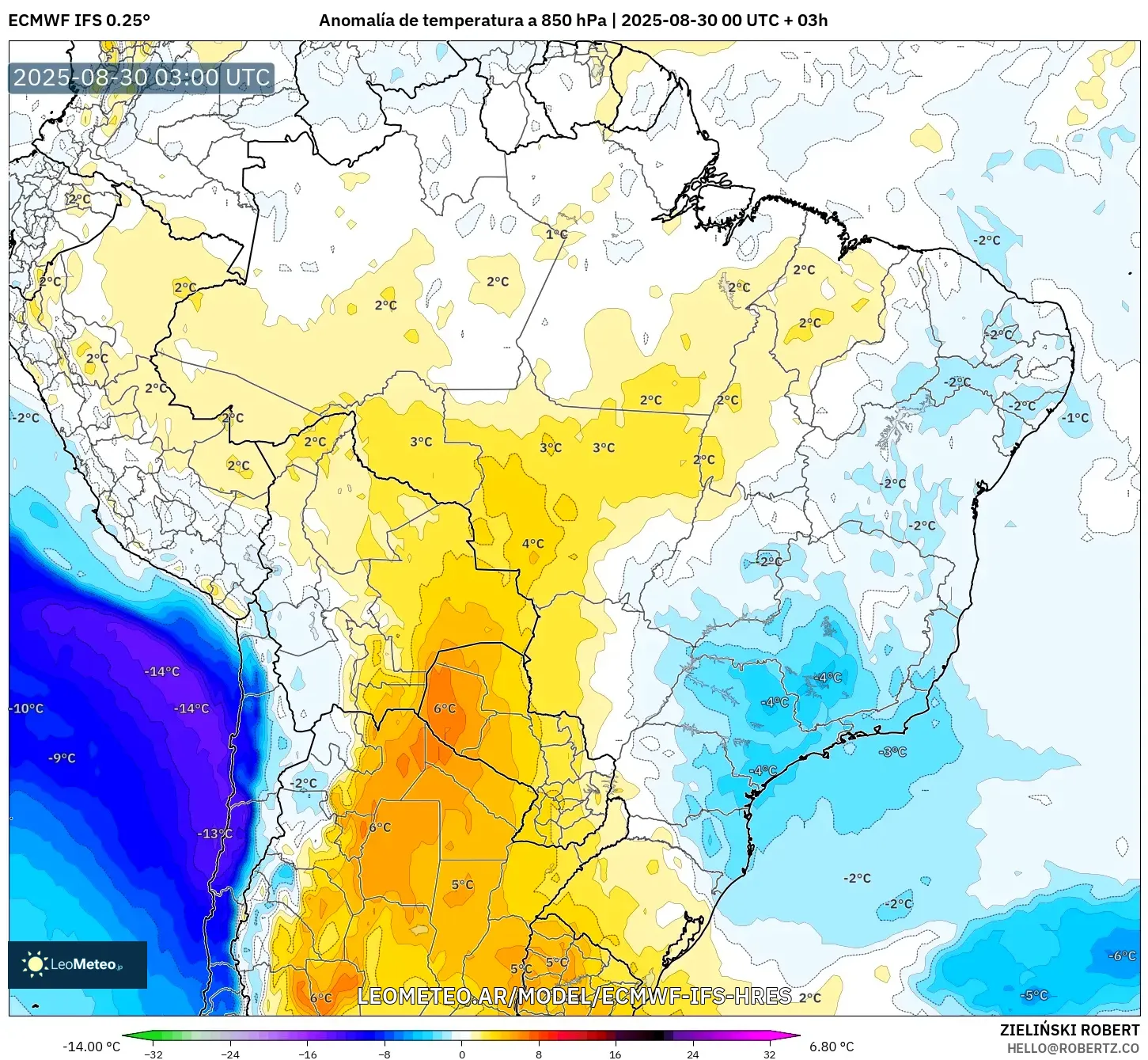 ECMWF IFS 0.25° model - Brasil, Anomalía de temperatura a 850 hPa ECMWF IFS 0.25° model - Brasil, Anomalía de temperatura a 850 hPa