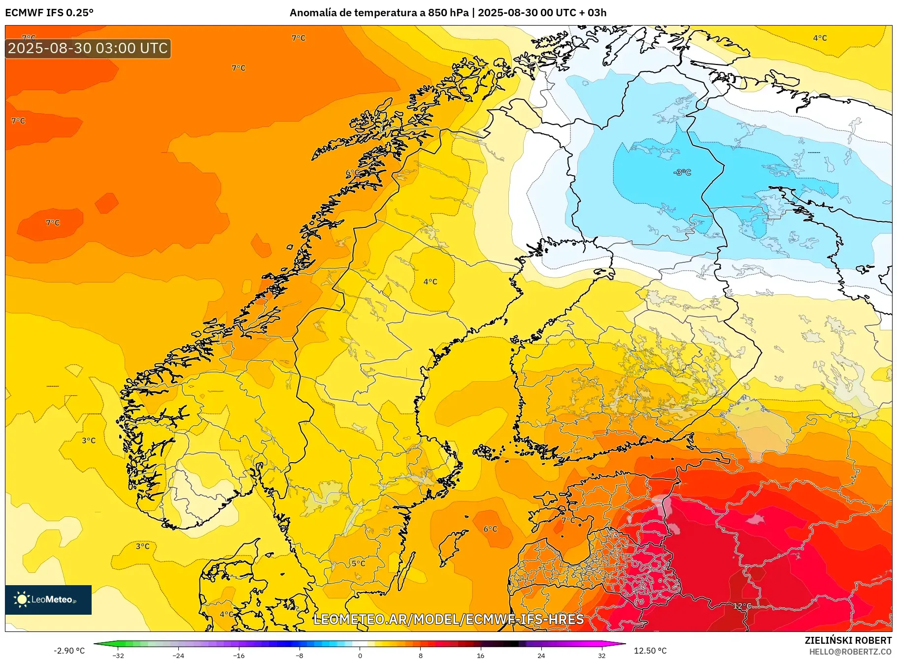 ECMWF IFS 0.25° model - Escandinavia, Anomalía de temperatura a 850 hPa ECMWF IFS 0.25° model - Escandinavia, Anomalía de temperatura a 850 hPa