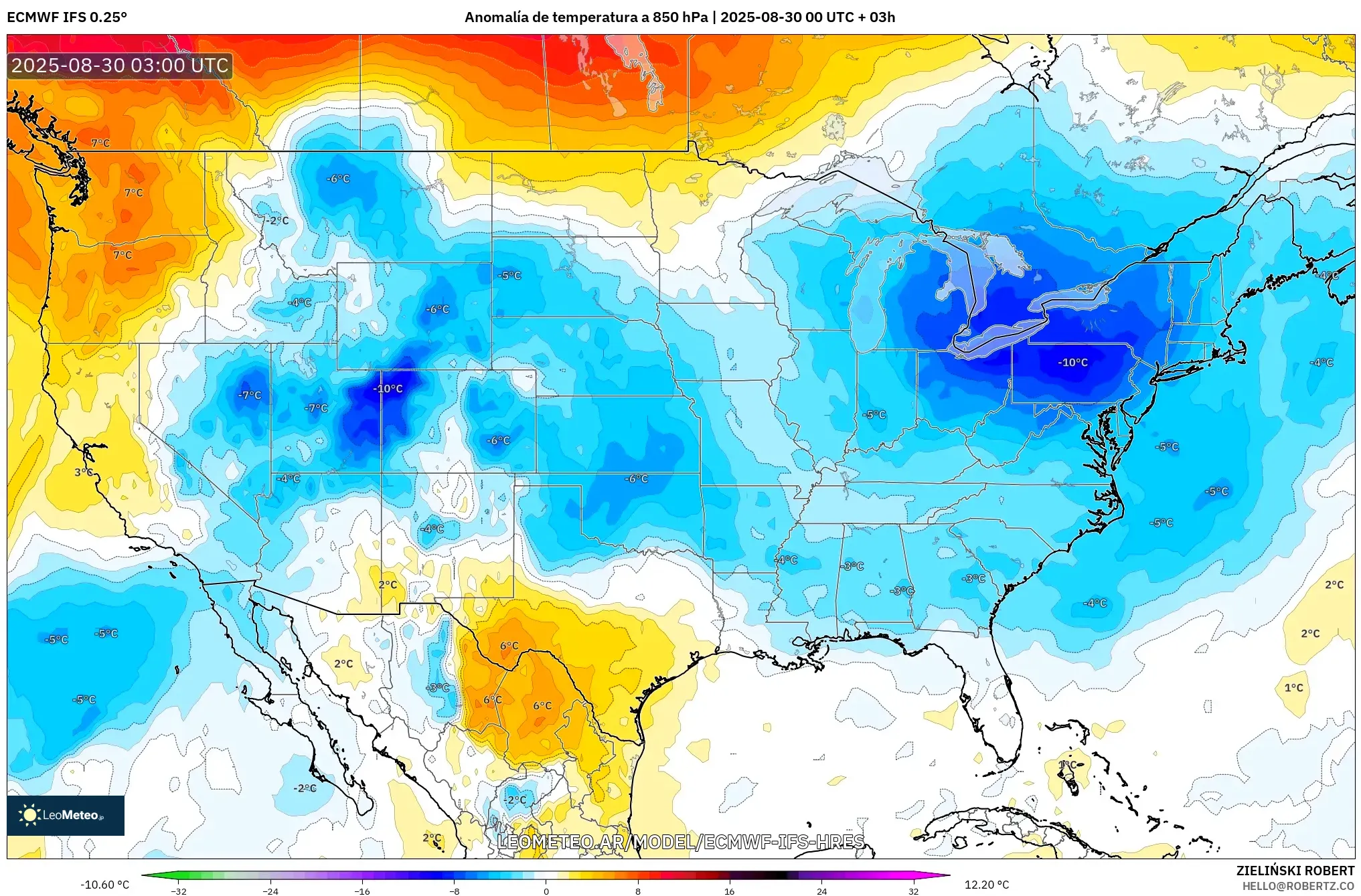 ECMWF IFS 0.25° model - Estados Unidos, Anomalía de temperatura a 850 hPa ECMWF IFS 0.25° model - Estados Unidos, Anomalía de temperatura a 850 hPa