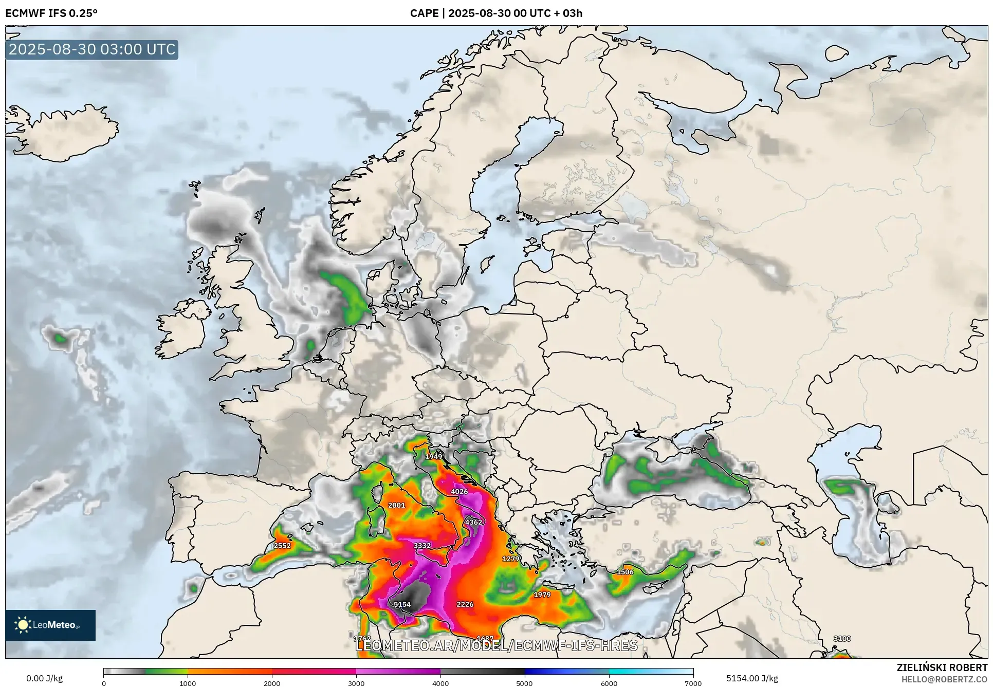 ECMWF IFS 0.25° model - Europa, CAPE ECMWF IFS 0.25° model - Europa, CAPE