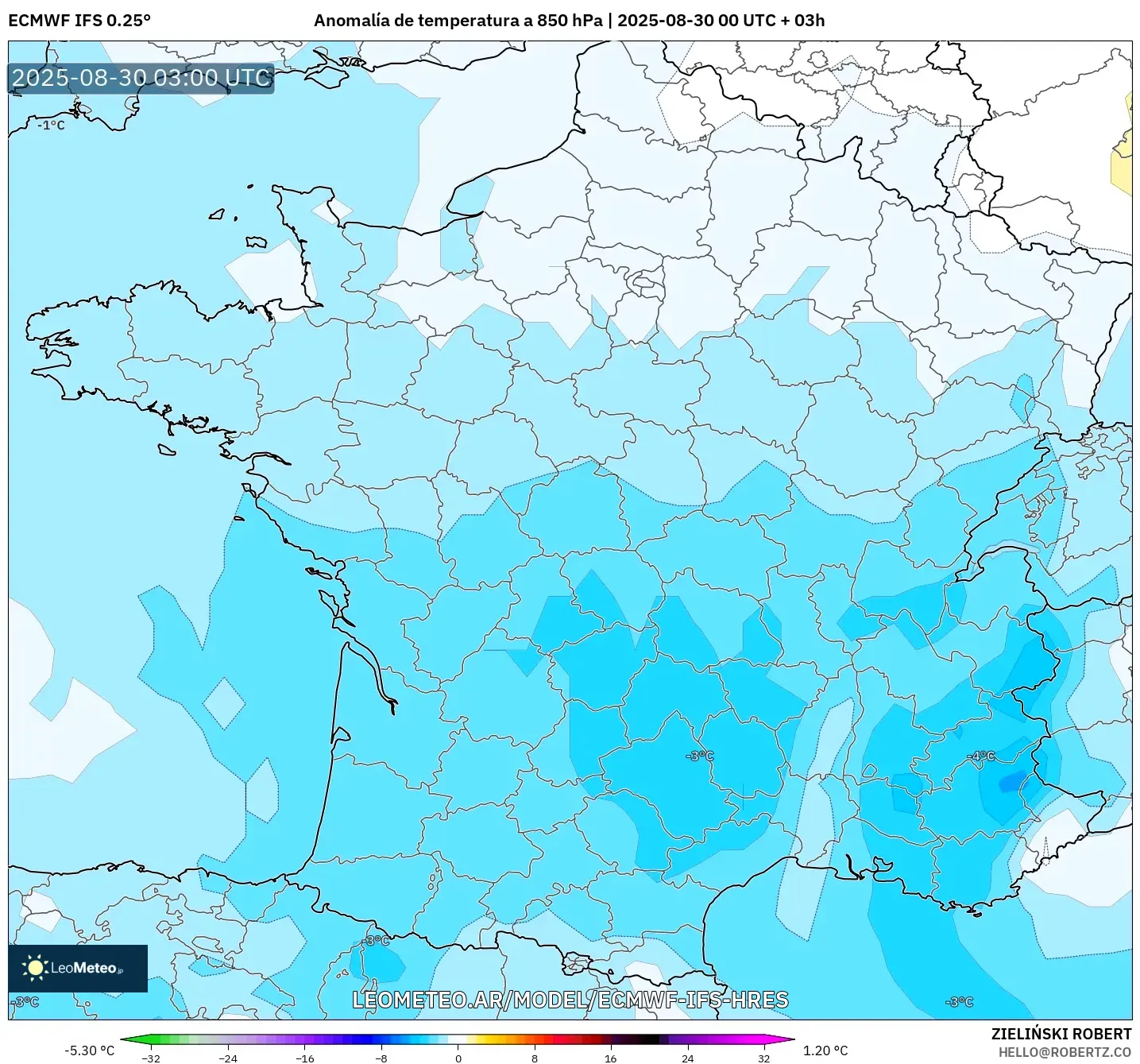 ECMWF IFS 0.25° model - Francia, Anomalía de temperatura a 850 hPa ECMWF IFS 0.25° model - Francia, Anomalía de temperatura a 850 hPa