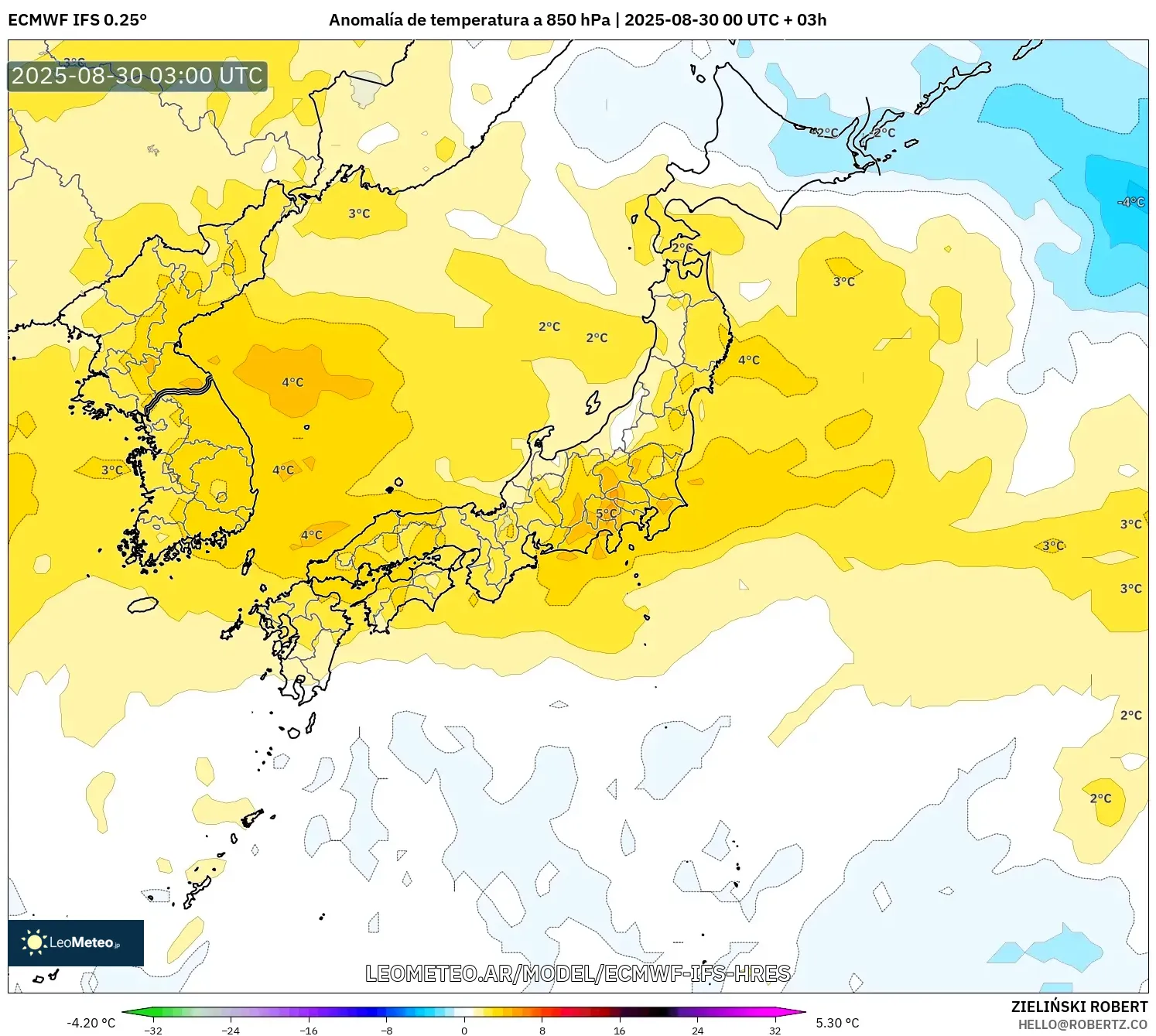 ECMWF IFS 0.25° model - Japón, Anomalía de temperatura a 850 hPa