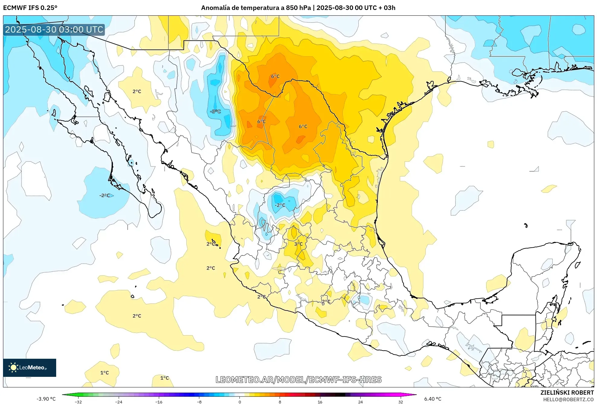 ECMWF IFS 0.25° model - México, Anomalía de temperatura a 850 hPa ECMWF IFS 0.25° model - México, Anomalía de temperatura a 850 hPa