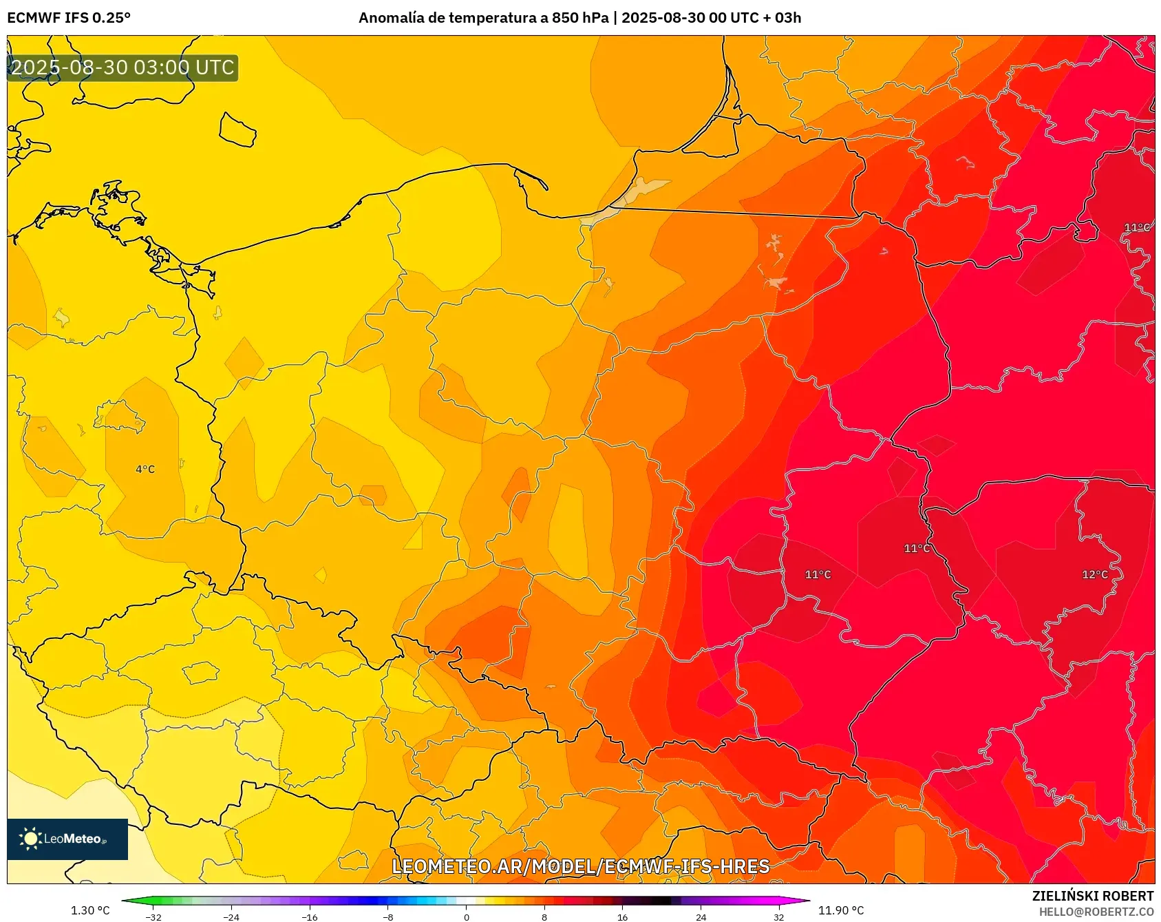 ECMWF IFS 0.25° model - Polonia, Anomalía de temperatura a 850 hPa