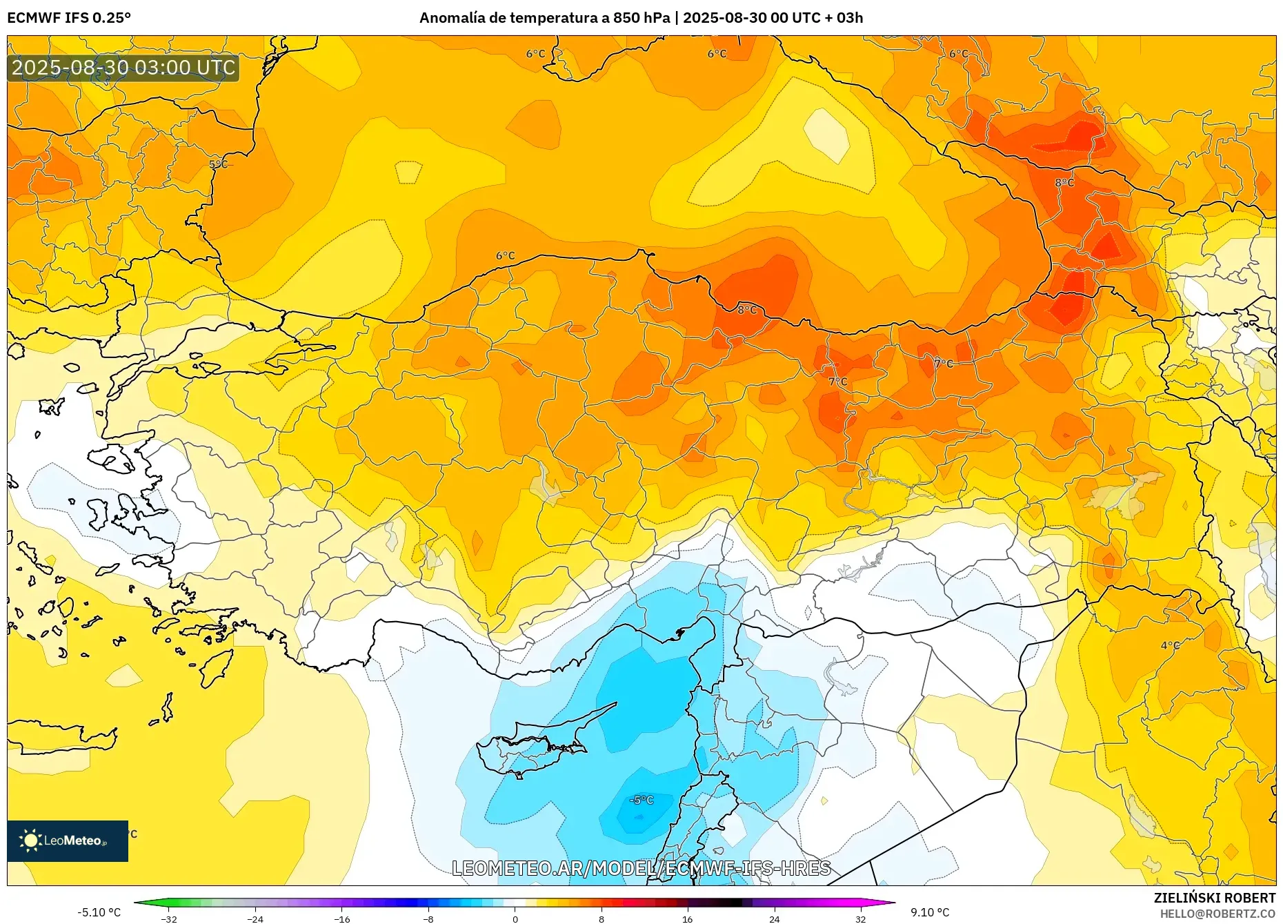 ECMWF IFS 0.25° model - Turquía, Anomalía de temperatura a 850 hPa