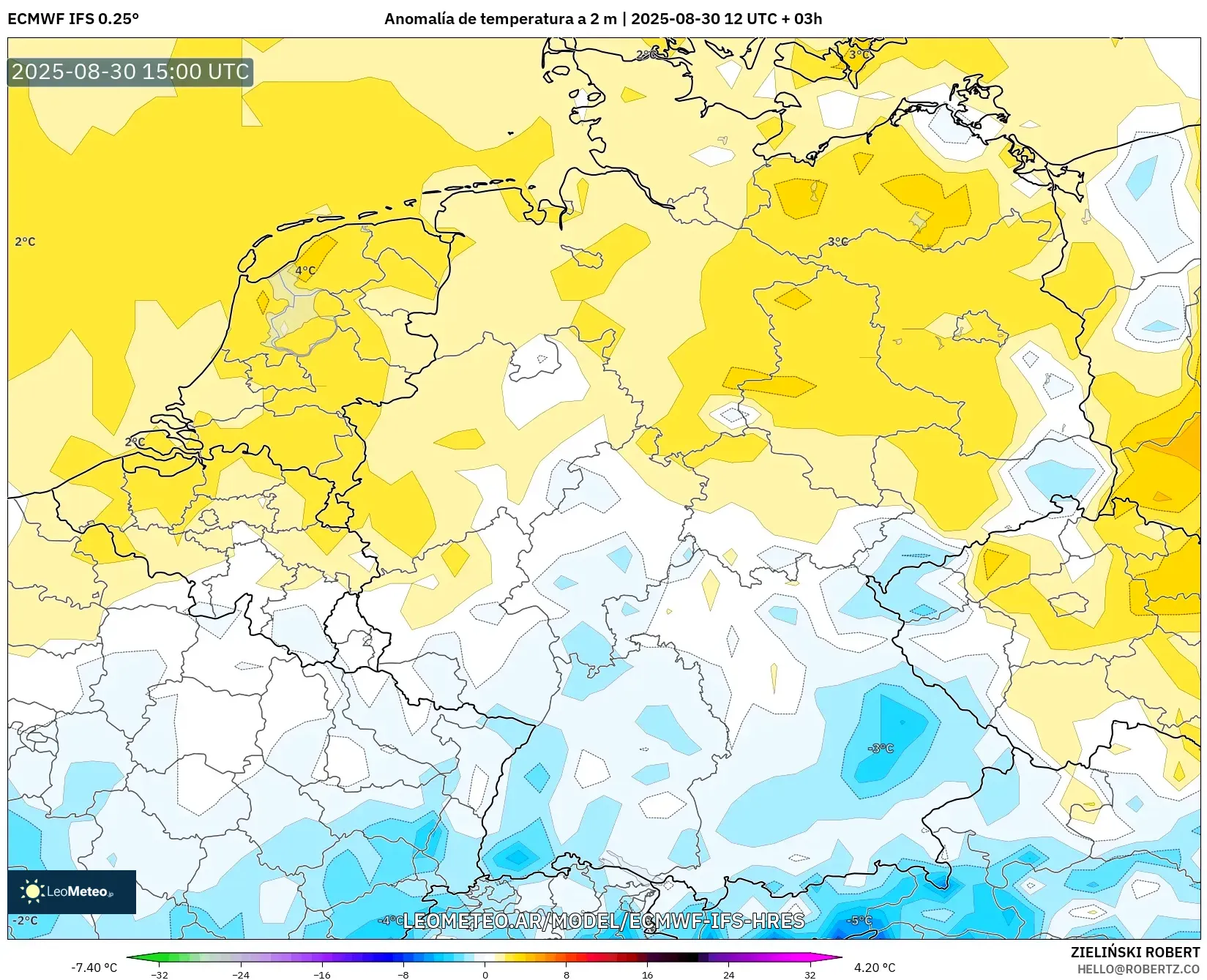 ECMWF IFS 0.25° model - Alemania, Anomalía de temperatura a 2 m ECMWF IFS 0.25° model - Alemania, Anomalía de temperatura a 2 m