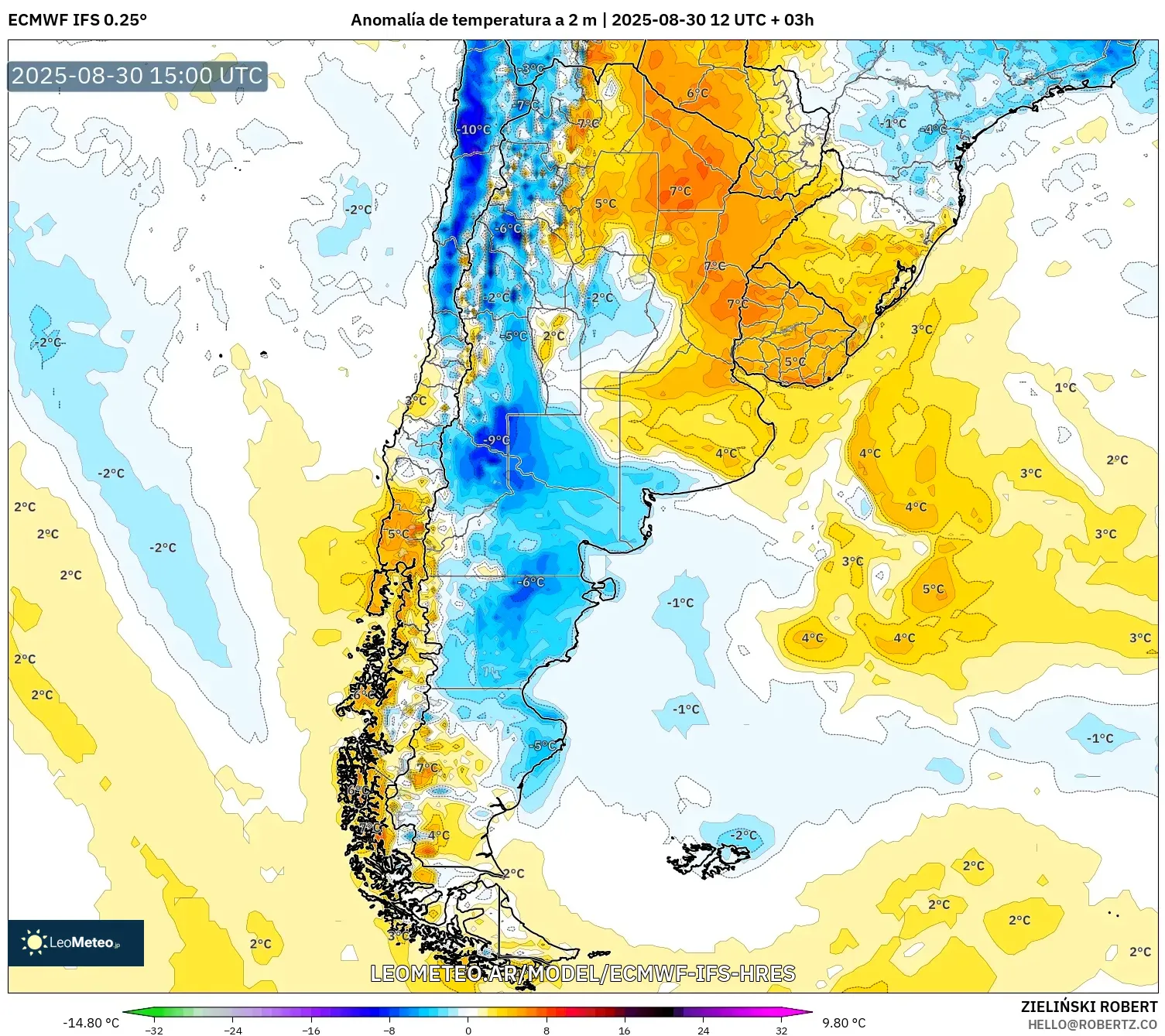 ECMWF IFS 0.25° model - Argentina, Anomalía de temperatura a 2 m ECMWF IFS 0.25° model - Argentina, Anomalía de temperatura a 2 m
