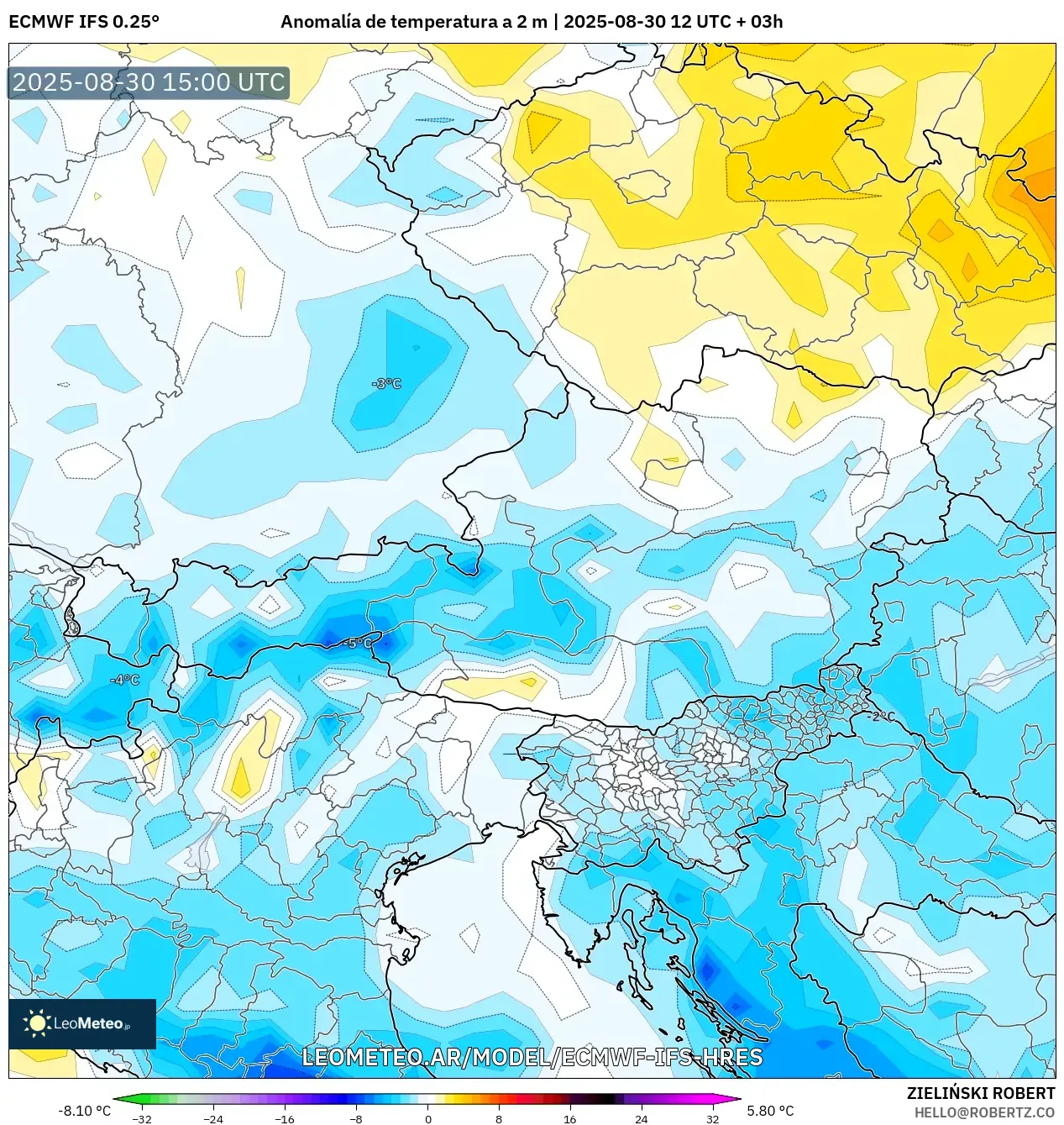 ECMWF IFS 0.25° model - Austria, Anomalía de temperatura a 2 m ECMWF IFS 0.25° model - Austria, Anomalía de temperatura a 2 m