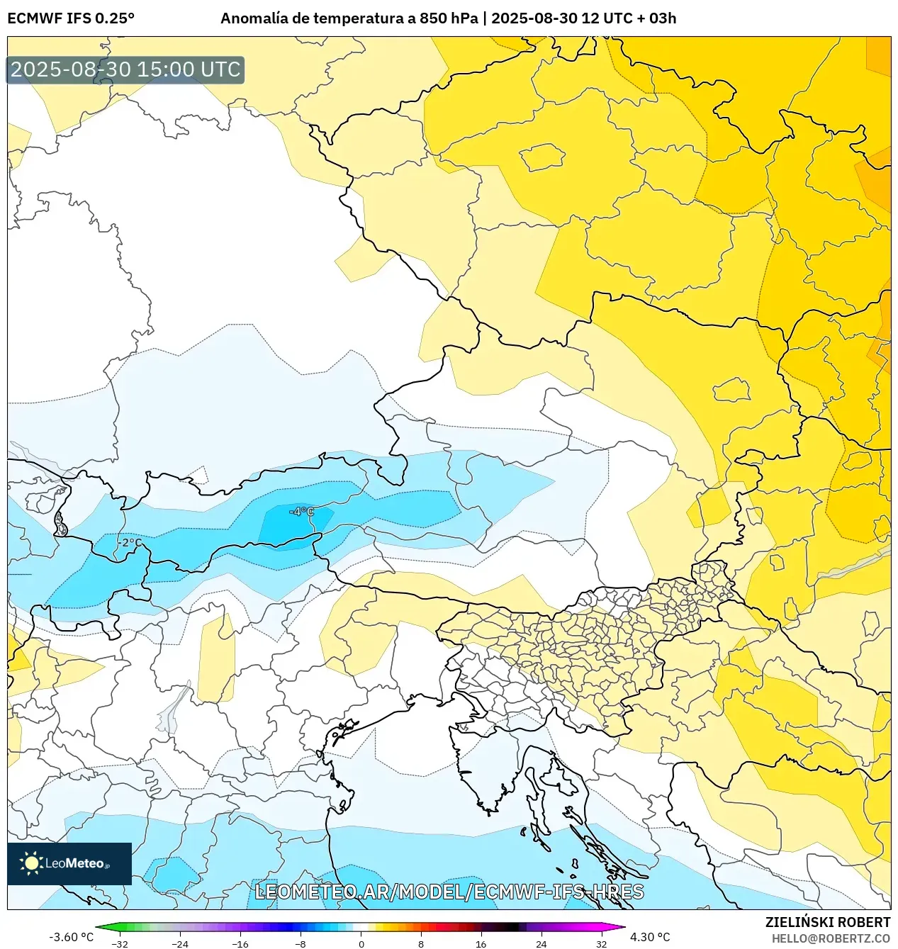 ECMWF IFS 0.25° model - Austria, Anomalía de temperatura a 850 hPa ECMWF IFS 0.25° model - Austria, Anomalía de temperatura a 850 hPa