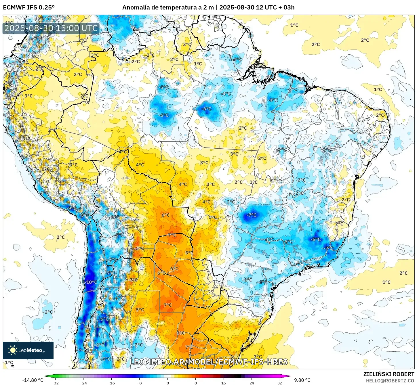 ECMWF IFS 0.25° model - Brasil, Anomalía de temperatura a 2 m ECMWF IFS 0.25° model - Brasil, Anomalía de temperatura a 2 m