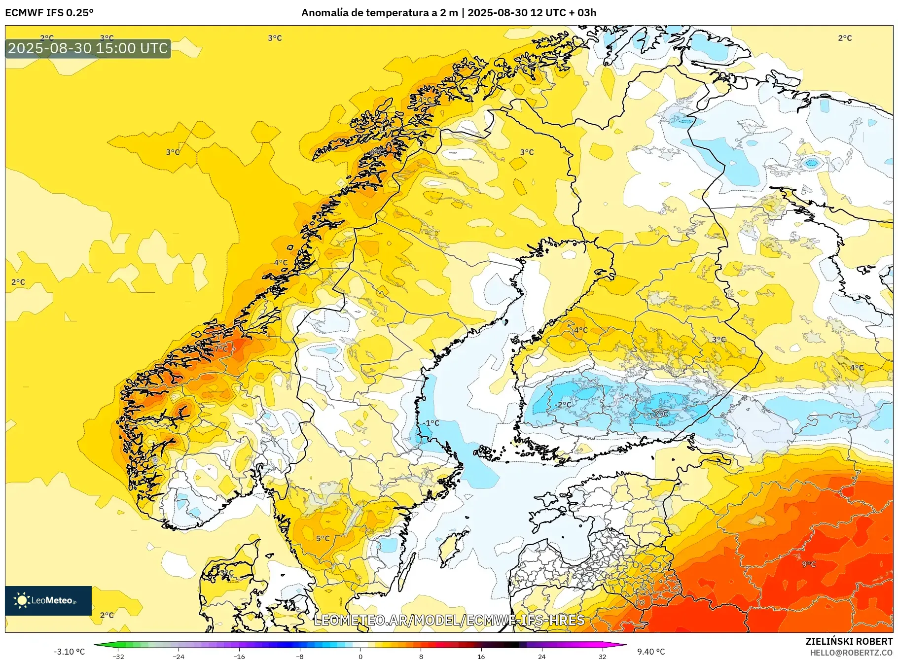 ECMWF IFS 0.25° model - Escandinavia, Anomalía de temperatura a 2 m ECMWF IFS 0.25° model - Escandinavia, Anomalía de temperatura a 2 m