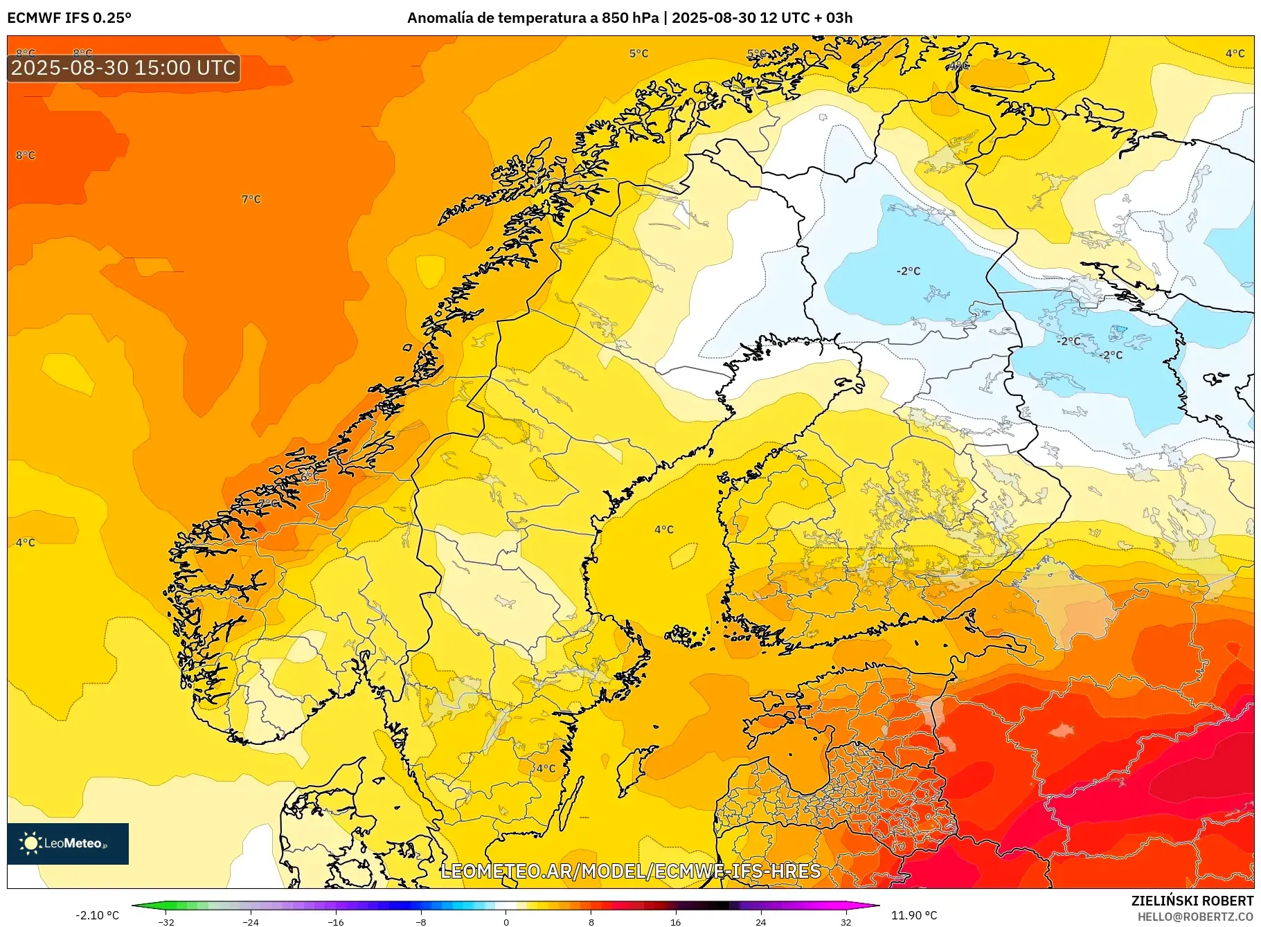 ECMWF IFS 0.25° model - Escandinavia, Anomalía de temperatura a 850 hPa ECMWF IFS 0.25° model - Escandinavia, Anomalía de temperatura a 850 hPa