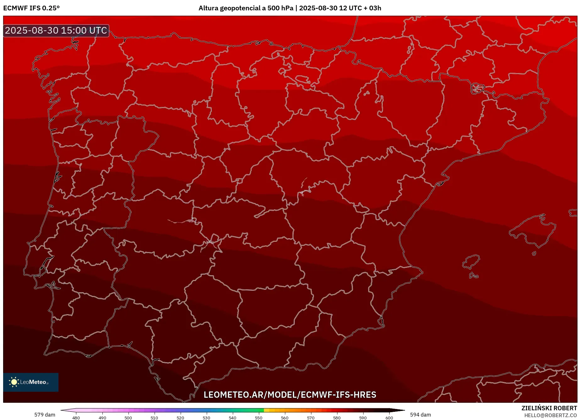 ECMWF IFS 0.25° model - España, Altura geopotencial a 500 hPa ECMWF IFS 0.25° model - España, Altura geopotencial a 500 hPa