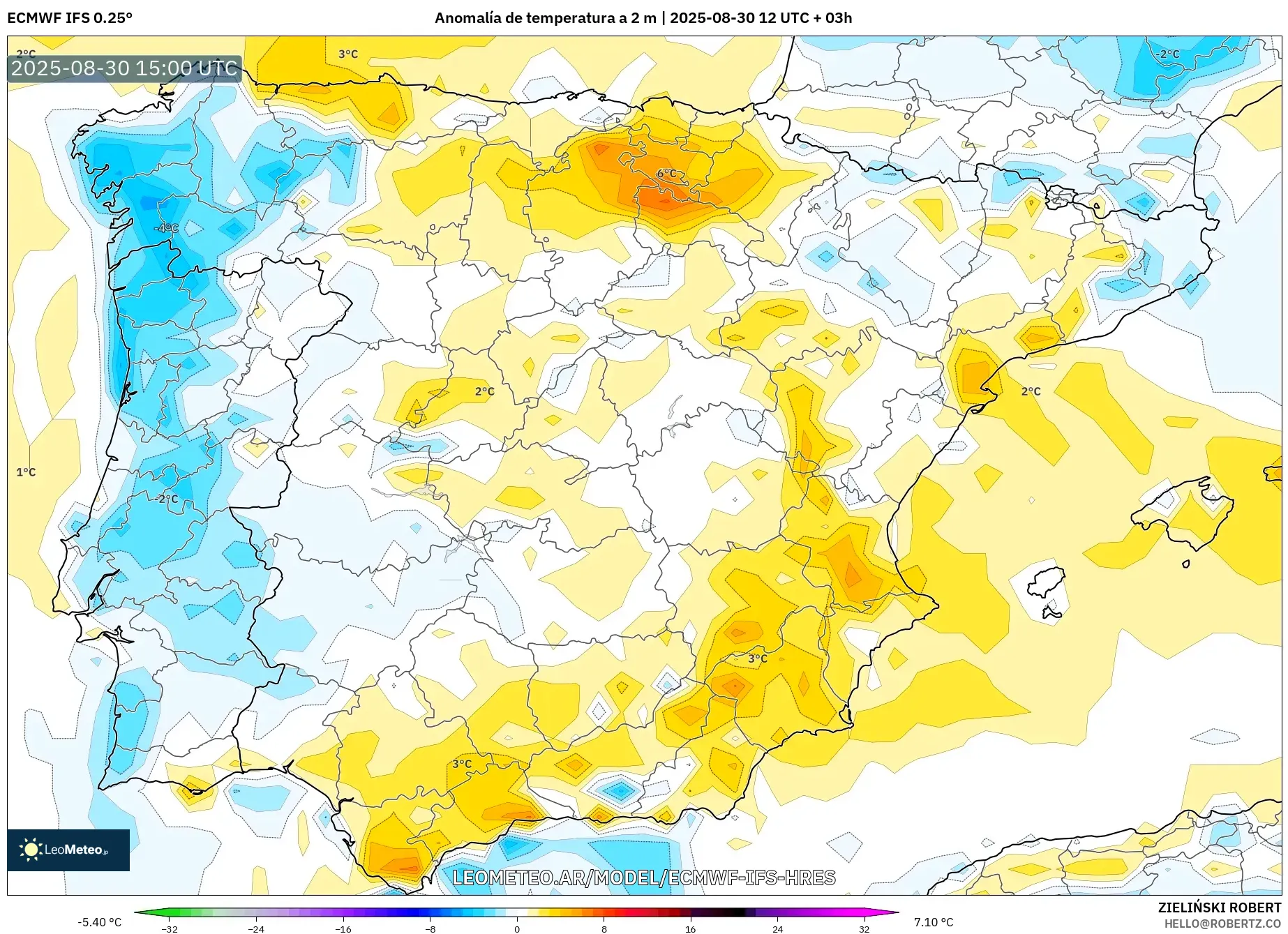 ECMWF IFS 0.25° model - España, Anomalía de temperatura a 2 m ECMWF IFS 0.25° model - España, Anomalía de temperatura a 2 m